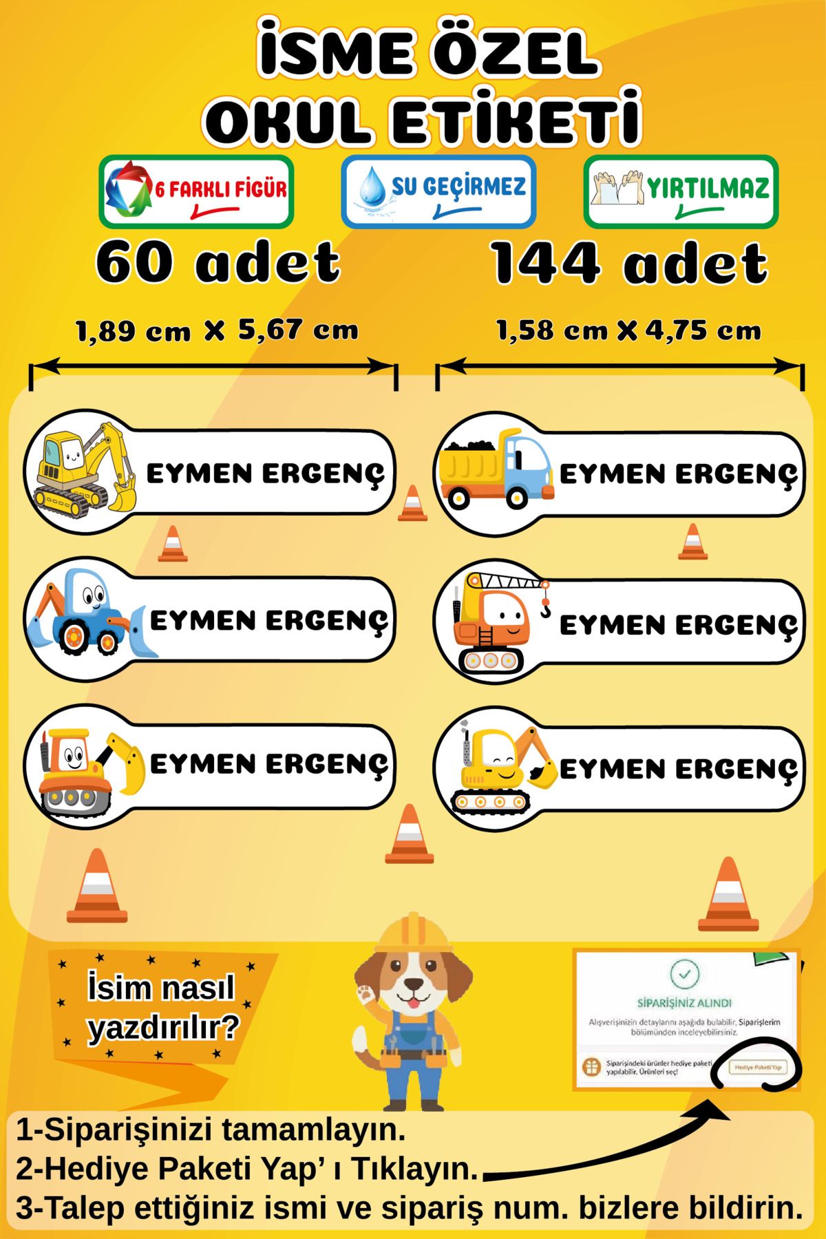 Ayza Tasarım İsme Özel Su Geçirmez Okul Etiketi Sticker Kişiye Özel Erkek İsim Etiketi Kırtasiye Malzemeleri