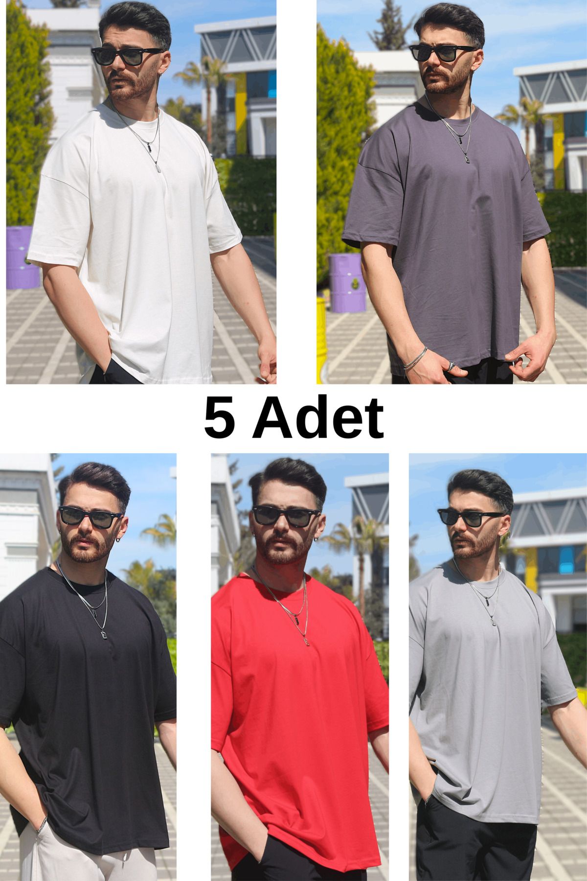 INFLUYENTE Erkek Çoklu Paket Oversize Süprem %100 Pamuk Kumaş Bisiklet Yaka T-shirt