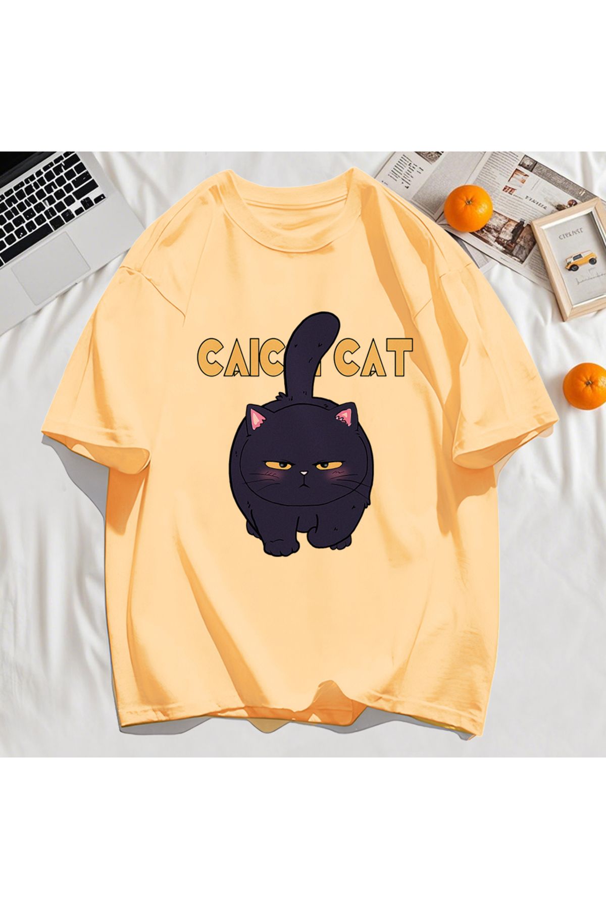 StartMore Y2k Vintage Tişört Tee Siyah Tombul Küçük Kedi Tasarım
