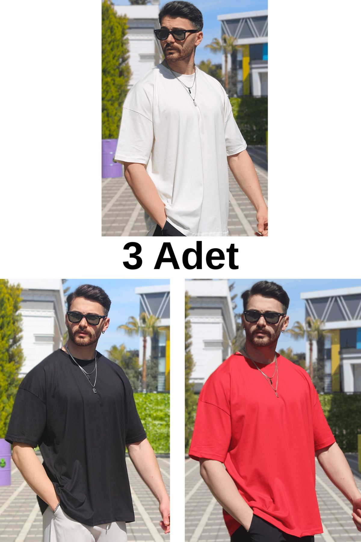INFLUYENTE Erkek Çoklu Paket Oversize Süprem %100 Pamuk Kumaş Bisiklet Yaka T-shirt