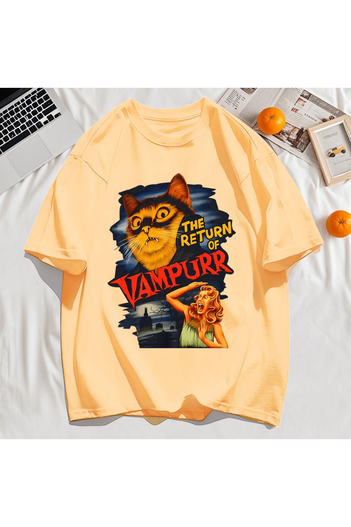 StartMore Y2k Vintage Tişört Tee Büyük bir kedi ve dişleri baskıla