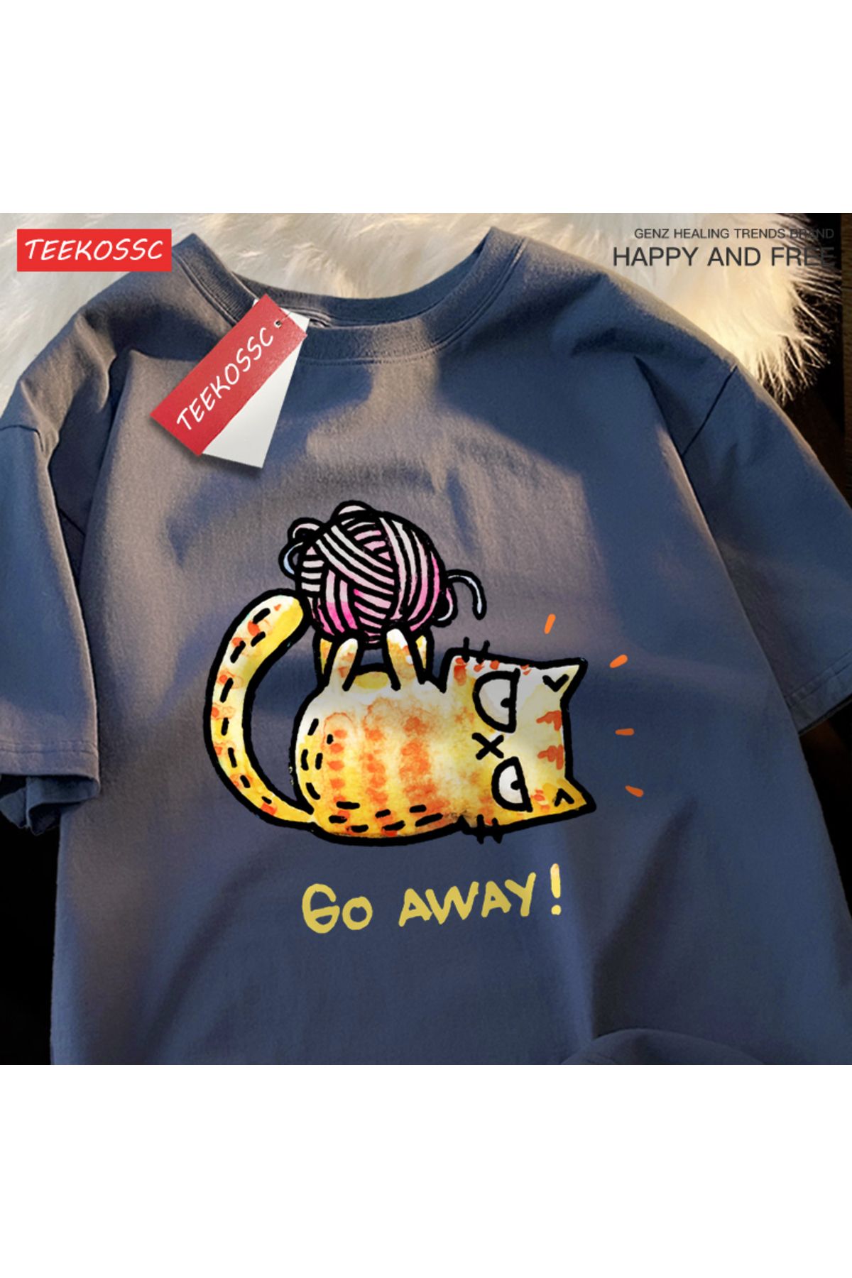 StartMore Y2k Vintage Tişört Tee Go Away bir kedi iplik bir top üzerinde