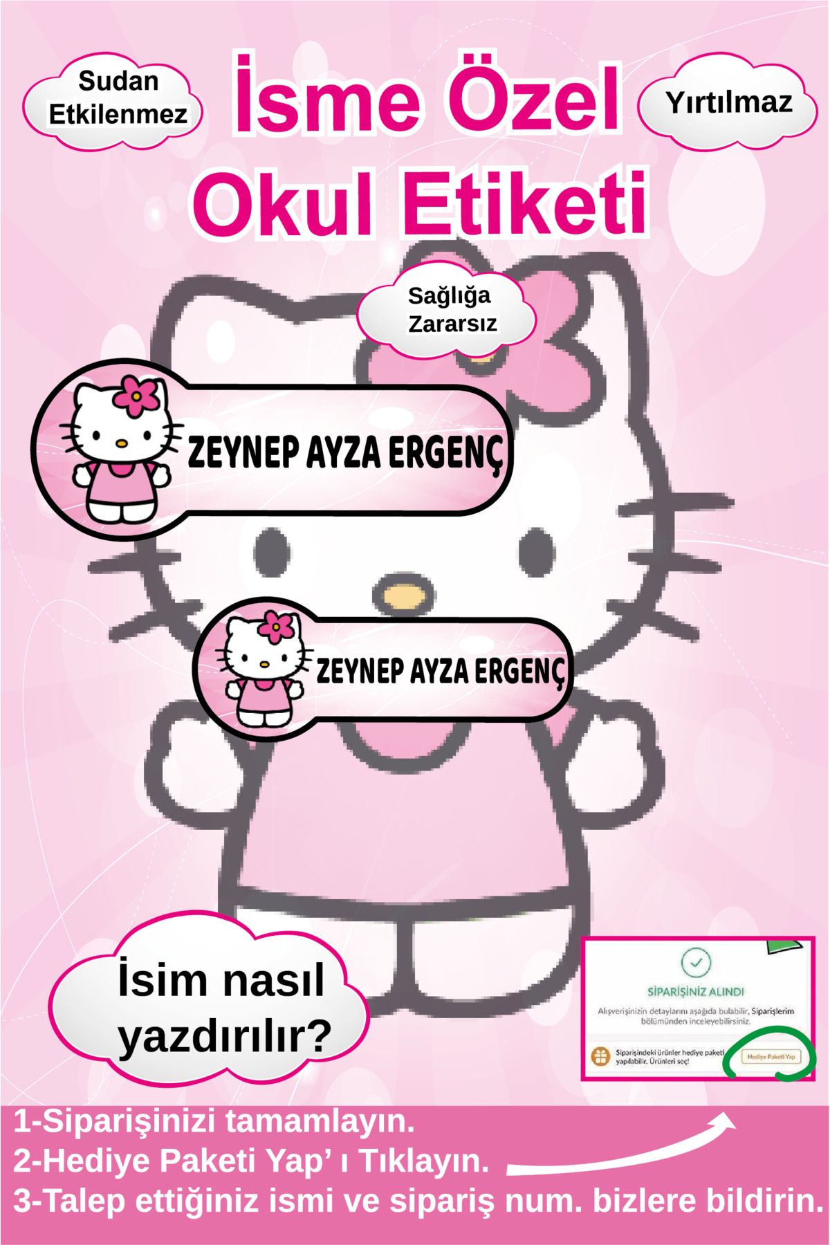 Ayza Tasarım İsme Özel Su Geçirmez Okul Etiketi Sticker Kişiye Özel Kız Çocuk İsim Etiketi Kırtasiye Malzemeleri