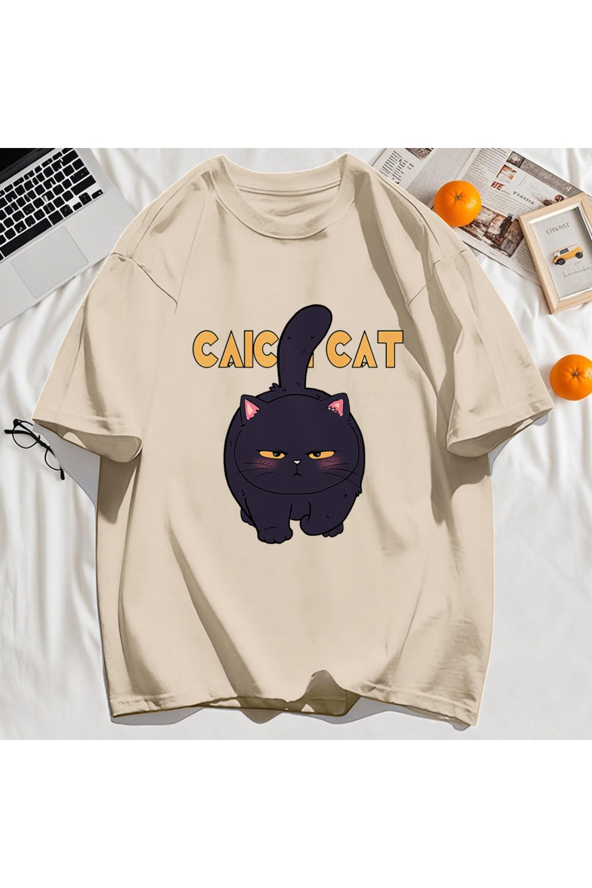 StartMore Y2k Vintage Tişört Tee Siyah Tombul Küçük Kedi Tasarım