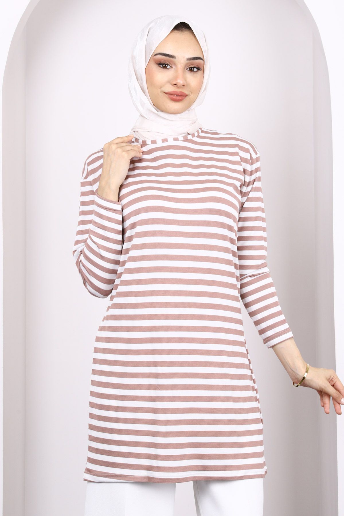 İmajButik Vizon Çizgili Uzun Kol Tunik