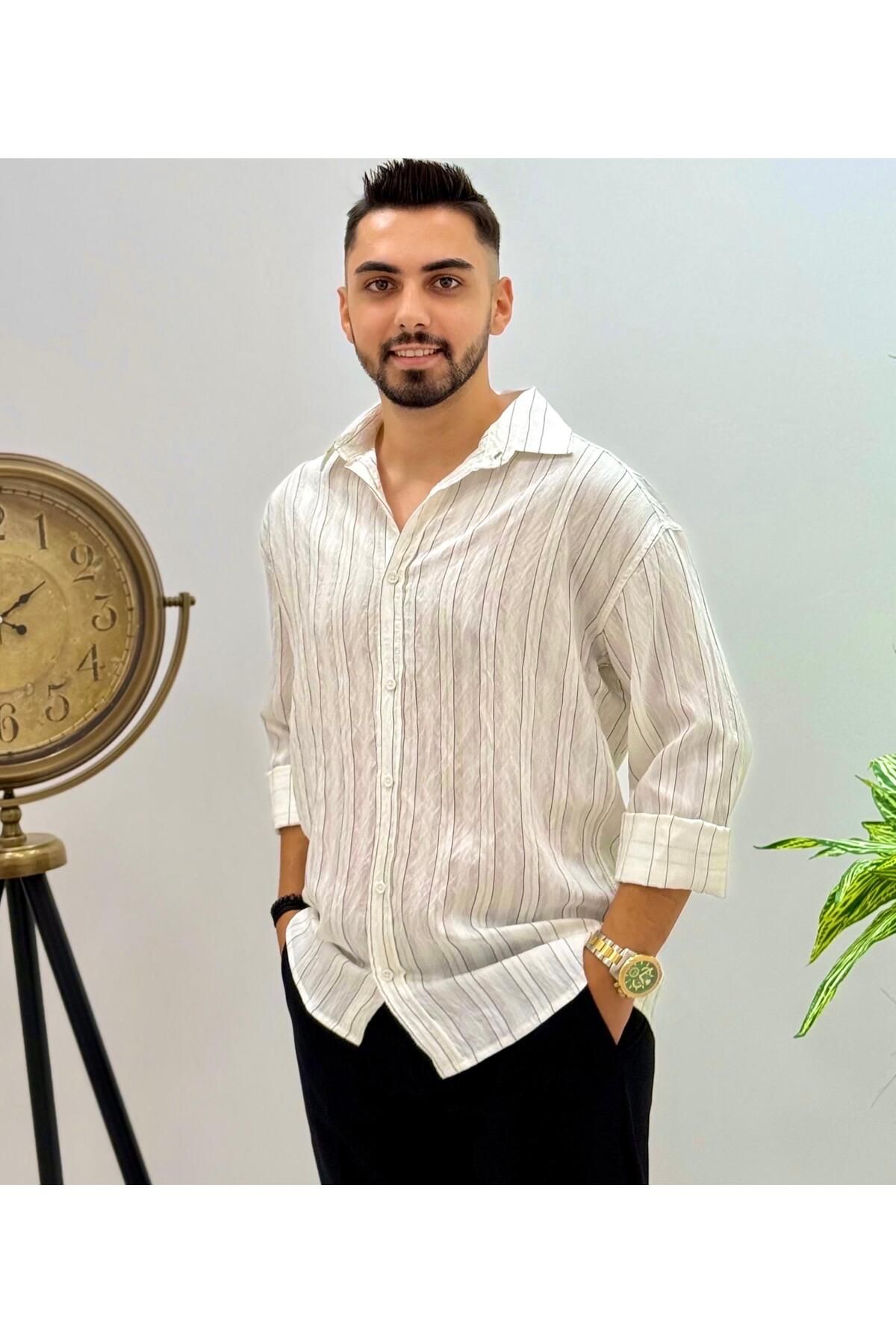JACK CAPRİO Erkek Yeni Sezon Çizgili Gömlek Regular Kalıp Göbek Göstermeyen Kumaş Louıs