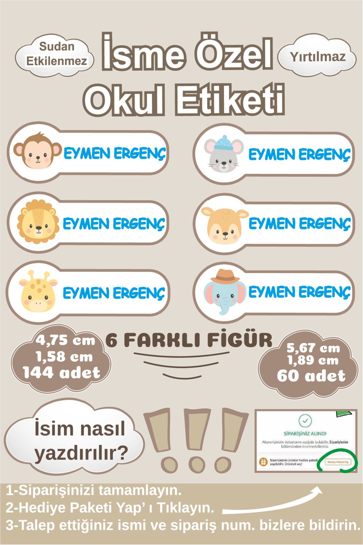 Ayza Tasarım İsme Özel Su Geçirmez Okul Etiketi Sticker Kişiye Özel Erkek Çocuk İsim Etiketi Kırtasiye Malzemeler