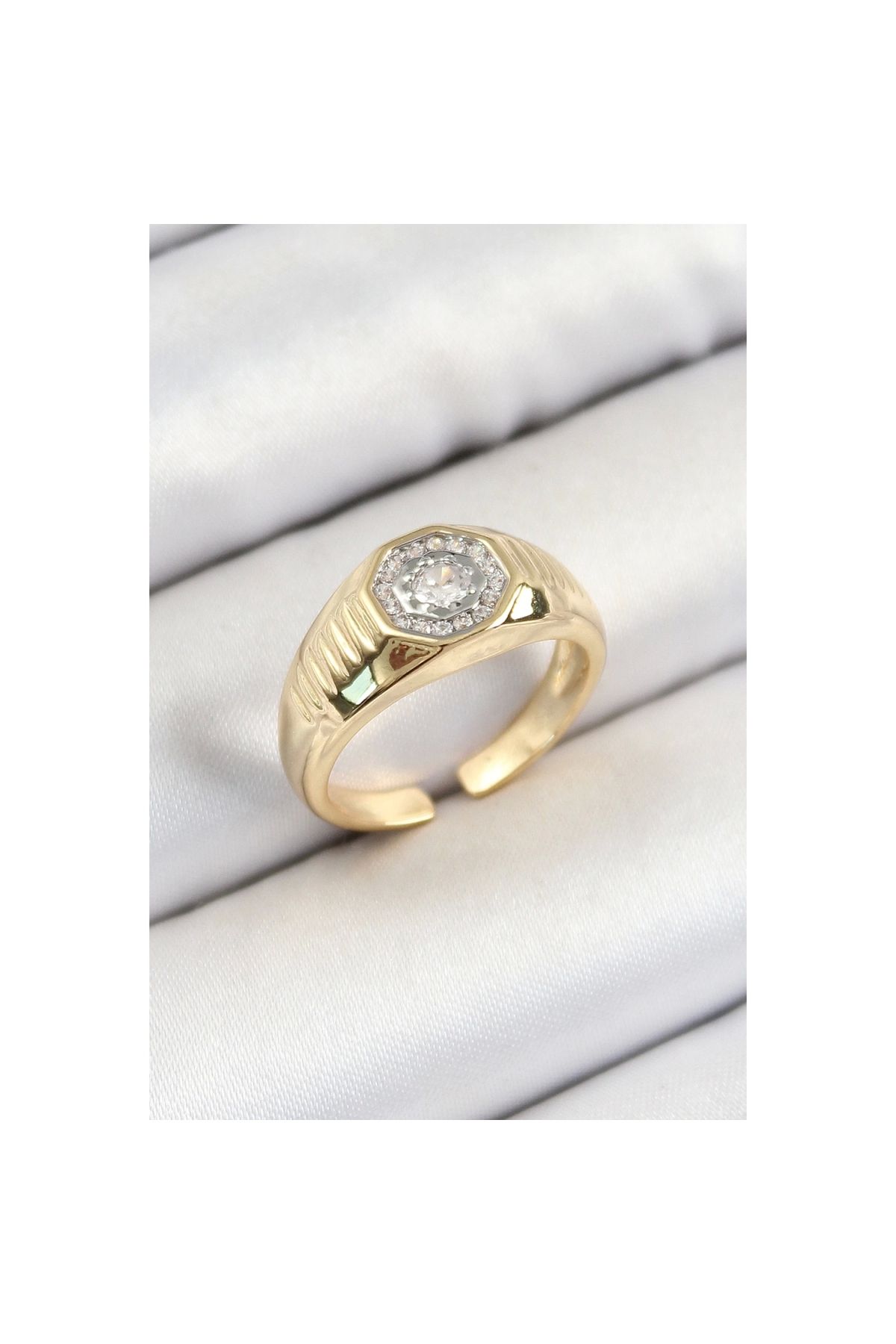 Marsilyan Pirinç Zirkon Taşlı Sekizgen Model Gold Renk Kadın Yüzük - TJ-BYK3796