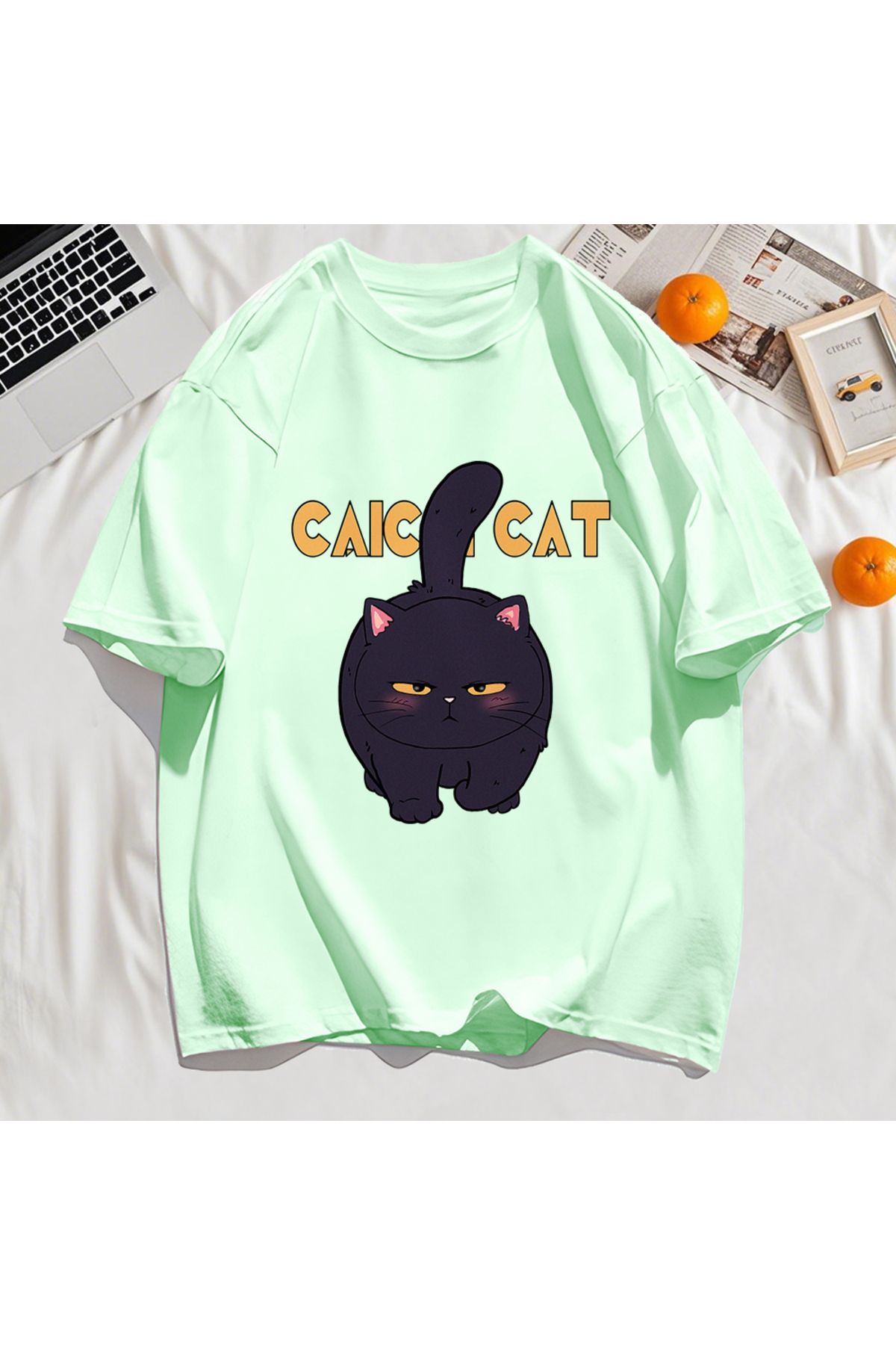 StartMore Y2k Vintage Tişört Tee Siyah Tombul Küçük Kedi Tasarım