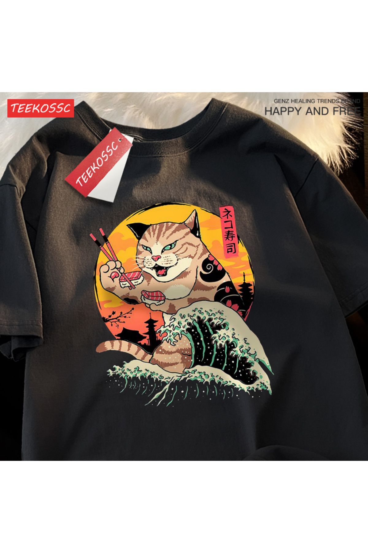 StartMore Y2k Vintage Tişört Tee Japon Harajuku dalga suşi kedi