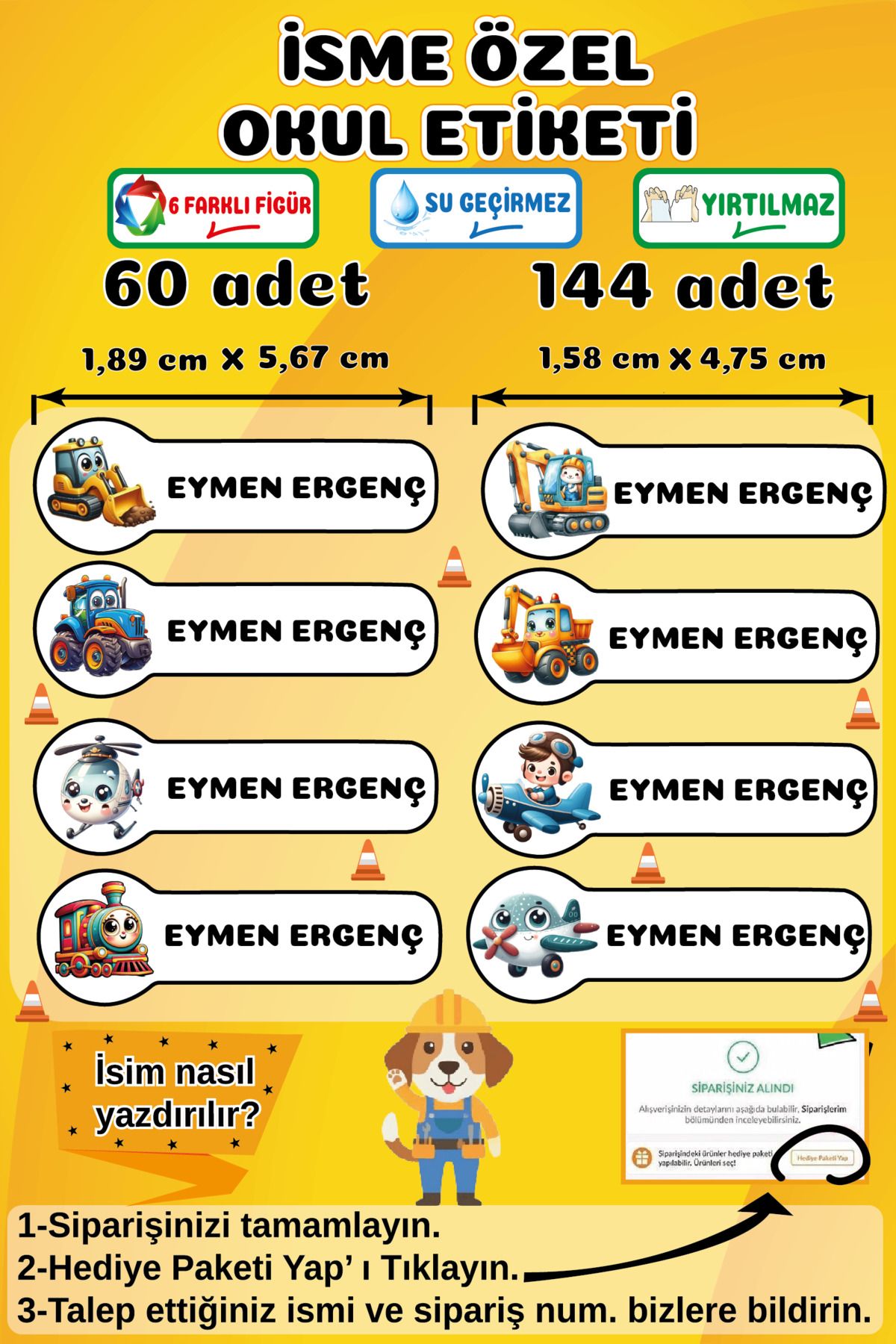 Ayza Tasarım İsme Özel Su Geçirmez Okul Etiketi Sticker Kişiye Özel Arabalı İsim Etiketi Kırtasiye Malzemeleri