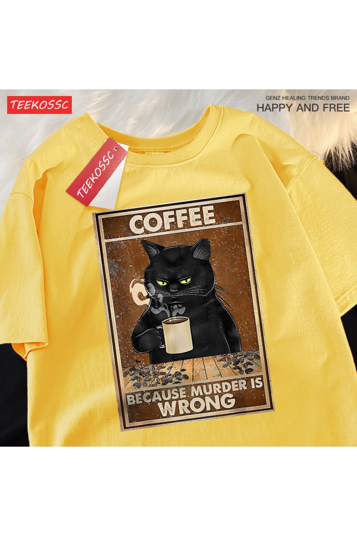 StartMore Y2k Vintage Tişört Tee Çünkü Cinayet Yanlış Siyah Kedi Kahve İçmek