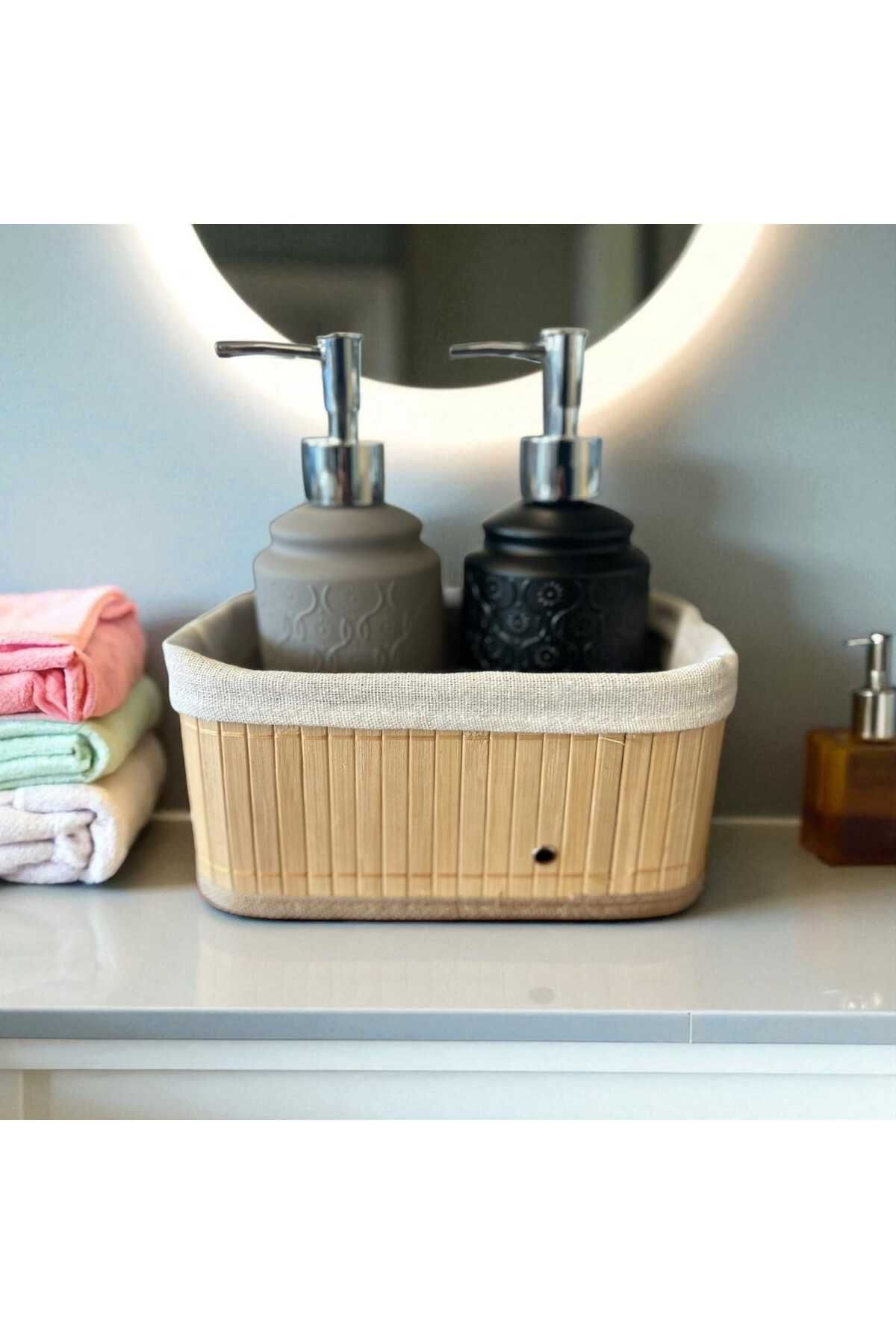 Noah Exclusive 2 LI METAL POMPALI CAM MUTFAK, BANYO SIVI SABUNLUK SETİ -BANYO DÜZENLEYİCİ-BAMBU DOKUMA SEPETLİ