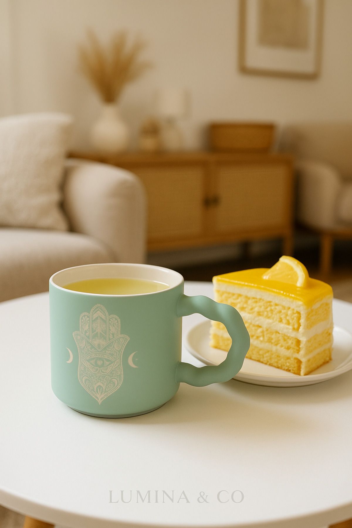 LUMİNA Hamsa Desenli Pastel Renk Porselen Kupa - 350 ml