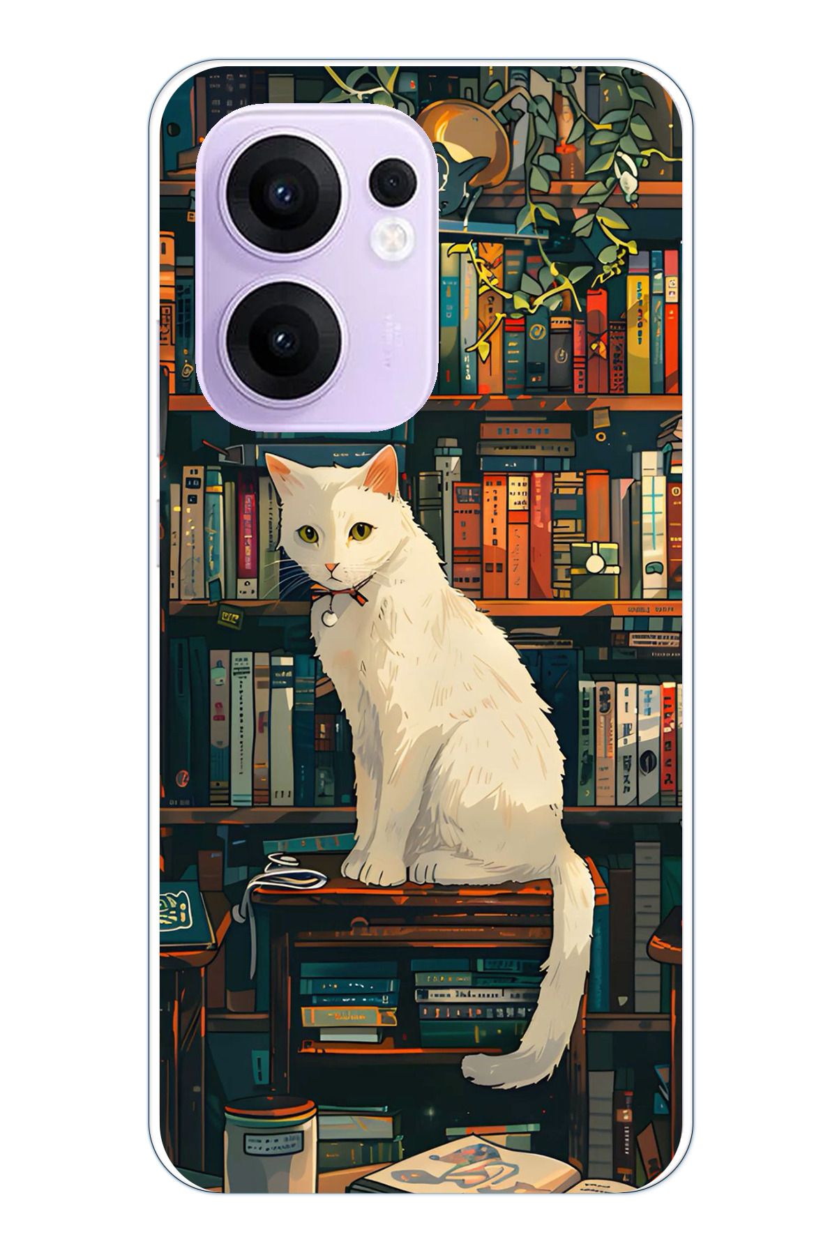 TechTree OPPO Reno 13F Uyumlu Kitaplık Beyaz Kedi Tasarımlı Şeffaf Silikon Kılıf