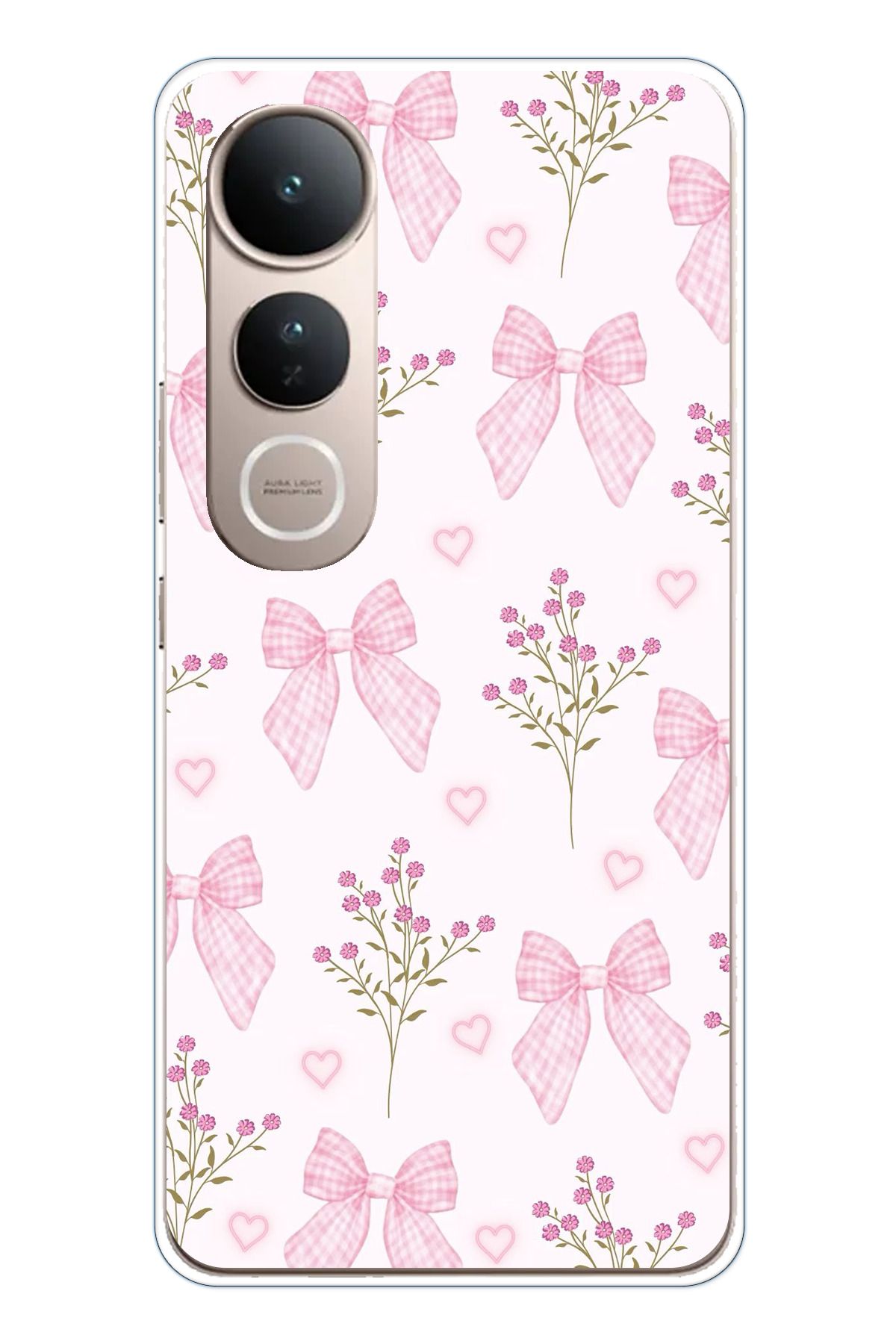 TechTree Vivo V50 Lite Uyumlu Pembe Çiçek ve Fiyonklar Şeffaf Silikon Kılıf