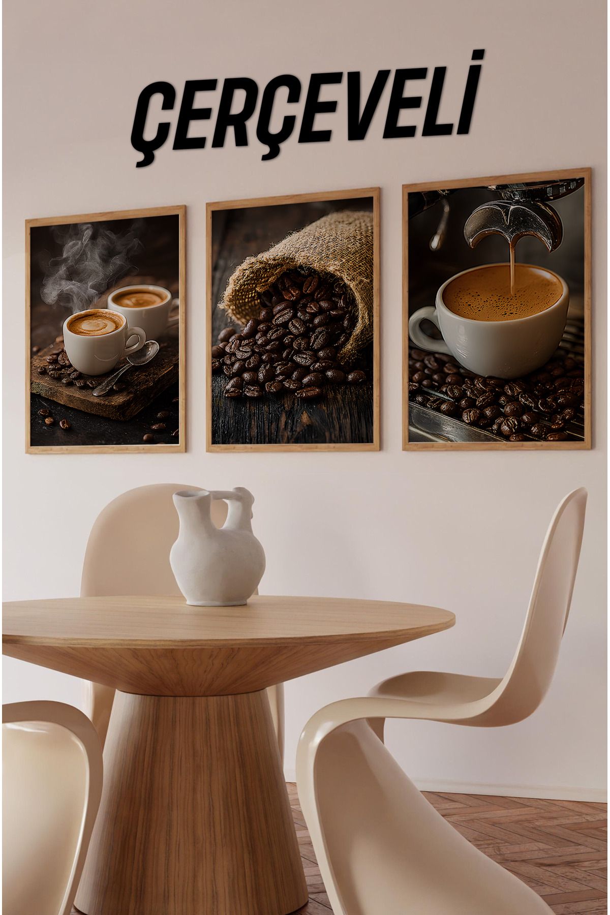 kutuTR ☕ Kahve Tutkunlarına Özel Ahşap Çerçeveli 3'lü MDF Tablo Seti – 3 Ebat Seçeneğiyle CRV1005