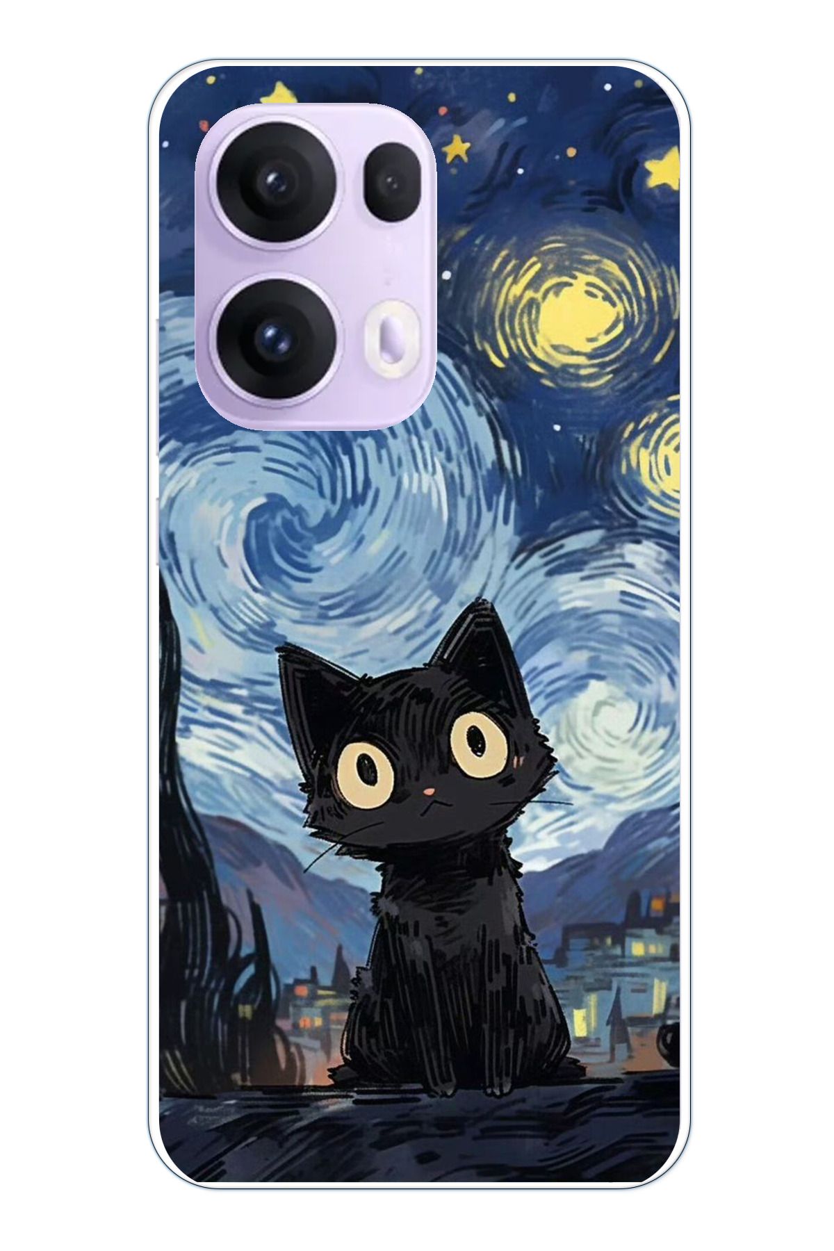 TechTree OPPO Reno 13 PRO Uyumlu Gece Yarısı Kedi Tasarımlı Şeffaf Silikon Kılıf