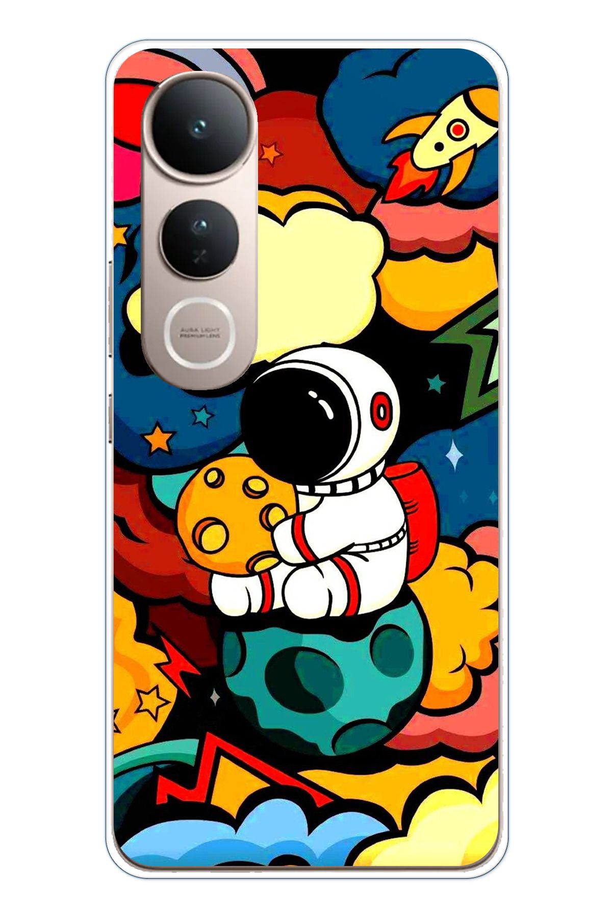 TechTree Vivo V50 Lite Uyumlu Renkli Astronot Tasarımlı Şeffaf Silikon Kılıf