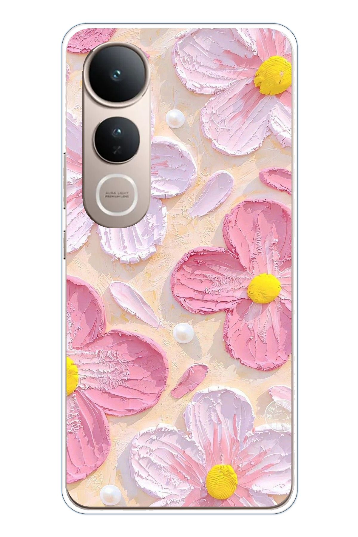 TechTree Vivo V50 Lite Uyumlu Pembe Beyaz Çiçekler Sulu Boya Şeffaf Silikon Kılıf