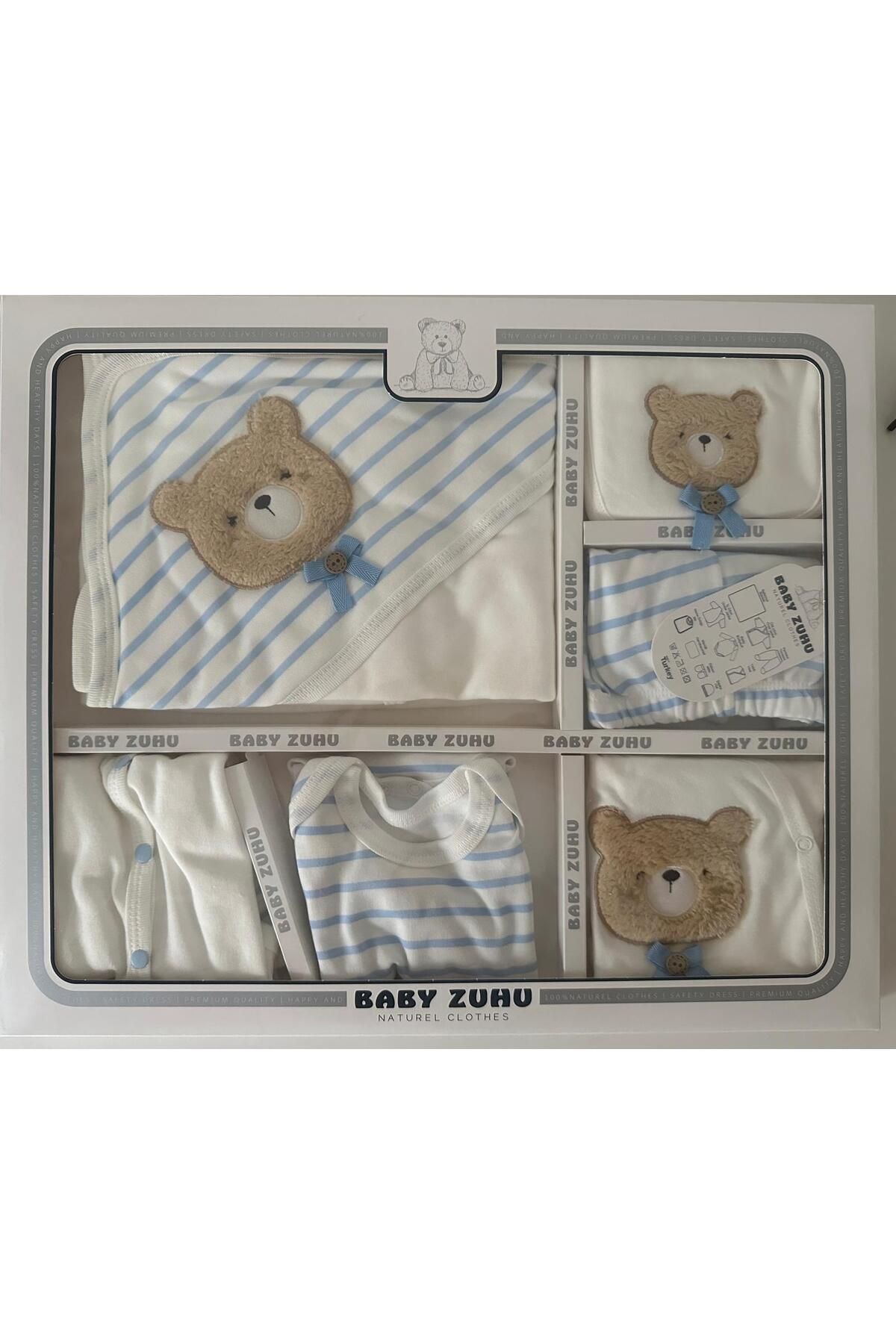 BABY ZUHU MAVİ ÇİZGİLİ AYICIKLI ERKEK BEBEK 10'LU HASTANE ÇIKIŞI %100 PAMUK NATURAL İŞLEMELİ SET 0-3 AY