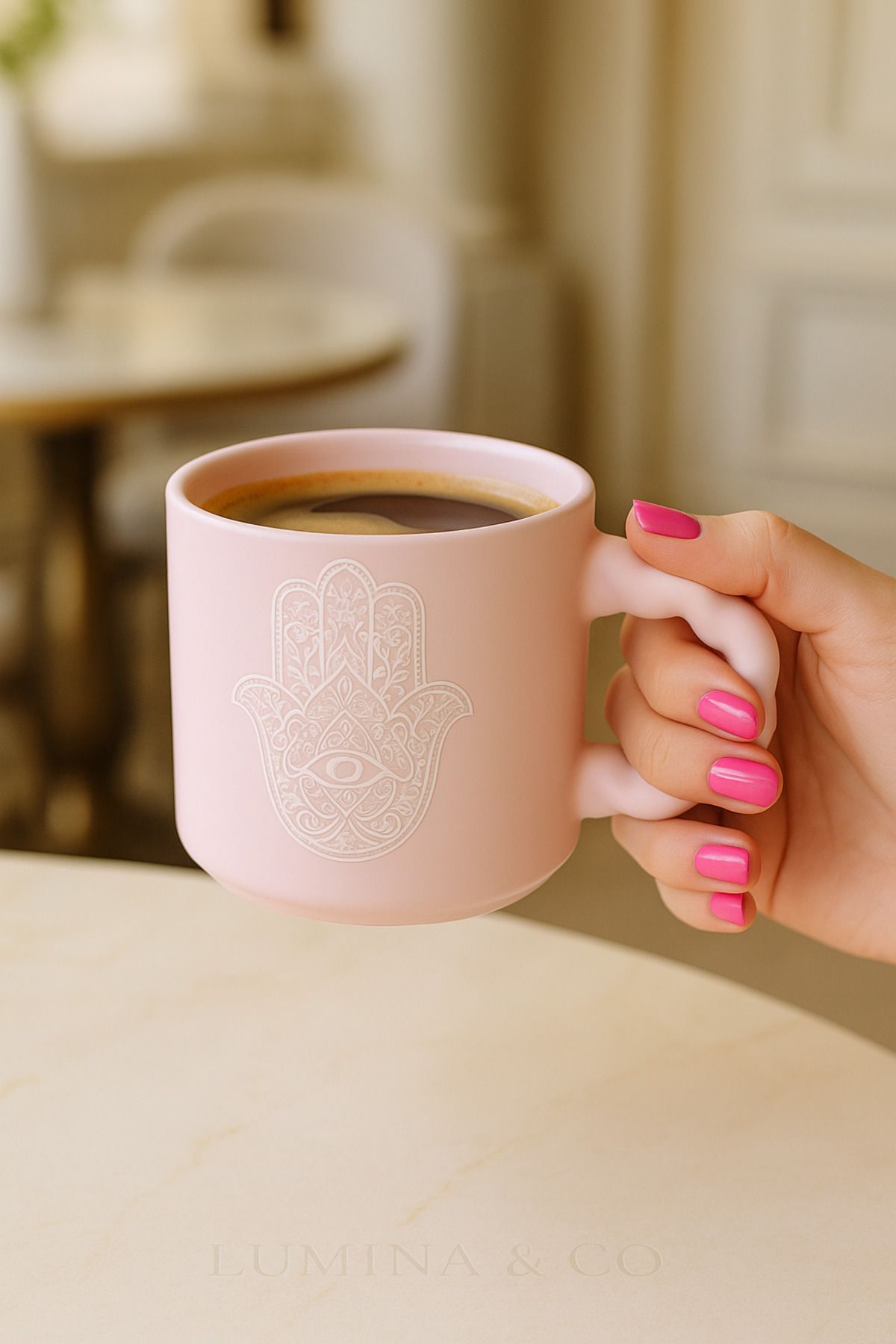 LUMİNA Hamsa Desenli Pastel Renk Porselen Kupa - 350 ml