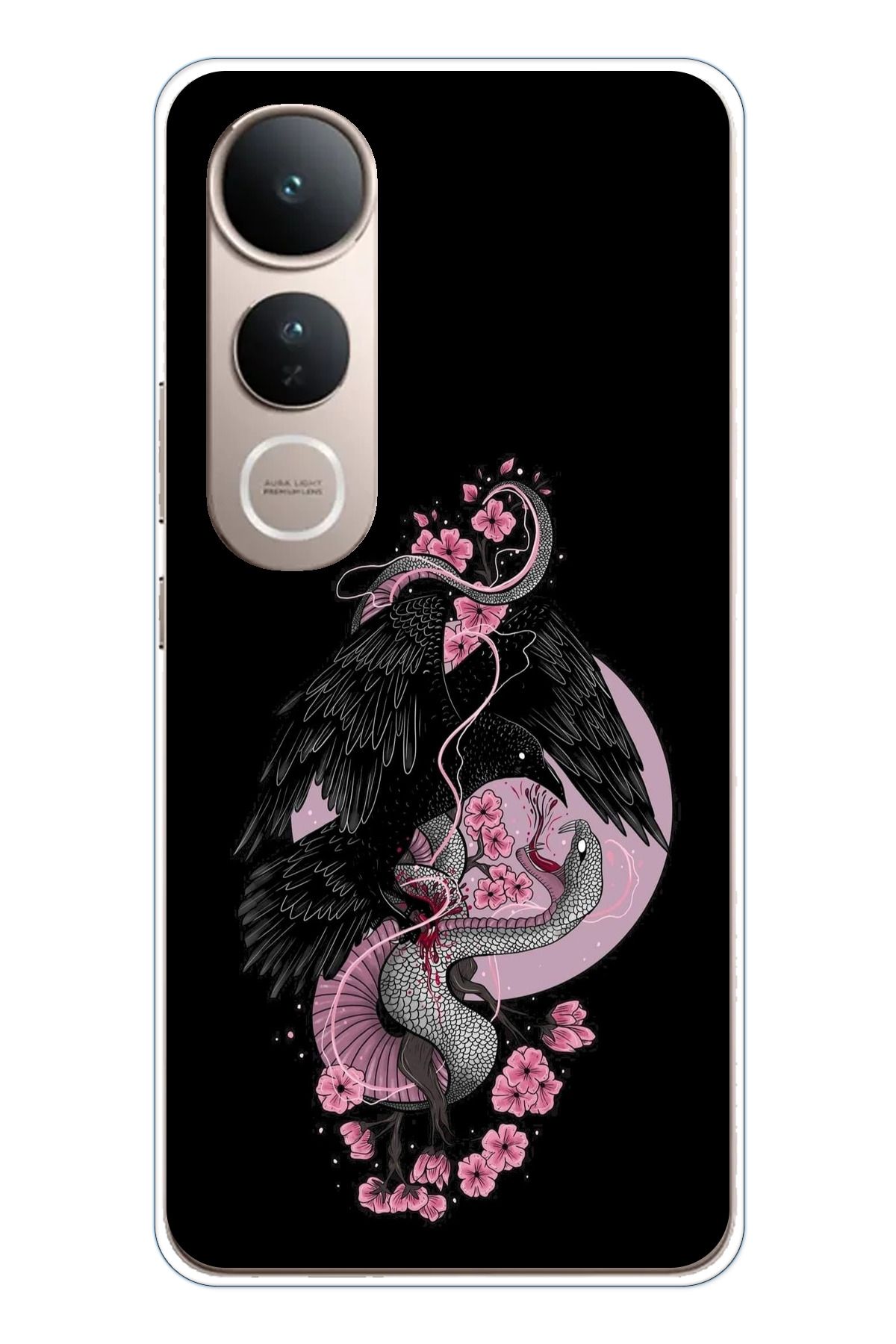 TechTree Vivo V50 Lite Uyumlu Pembe Siyah Yılan Şeffaf Silikon Kılıf