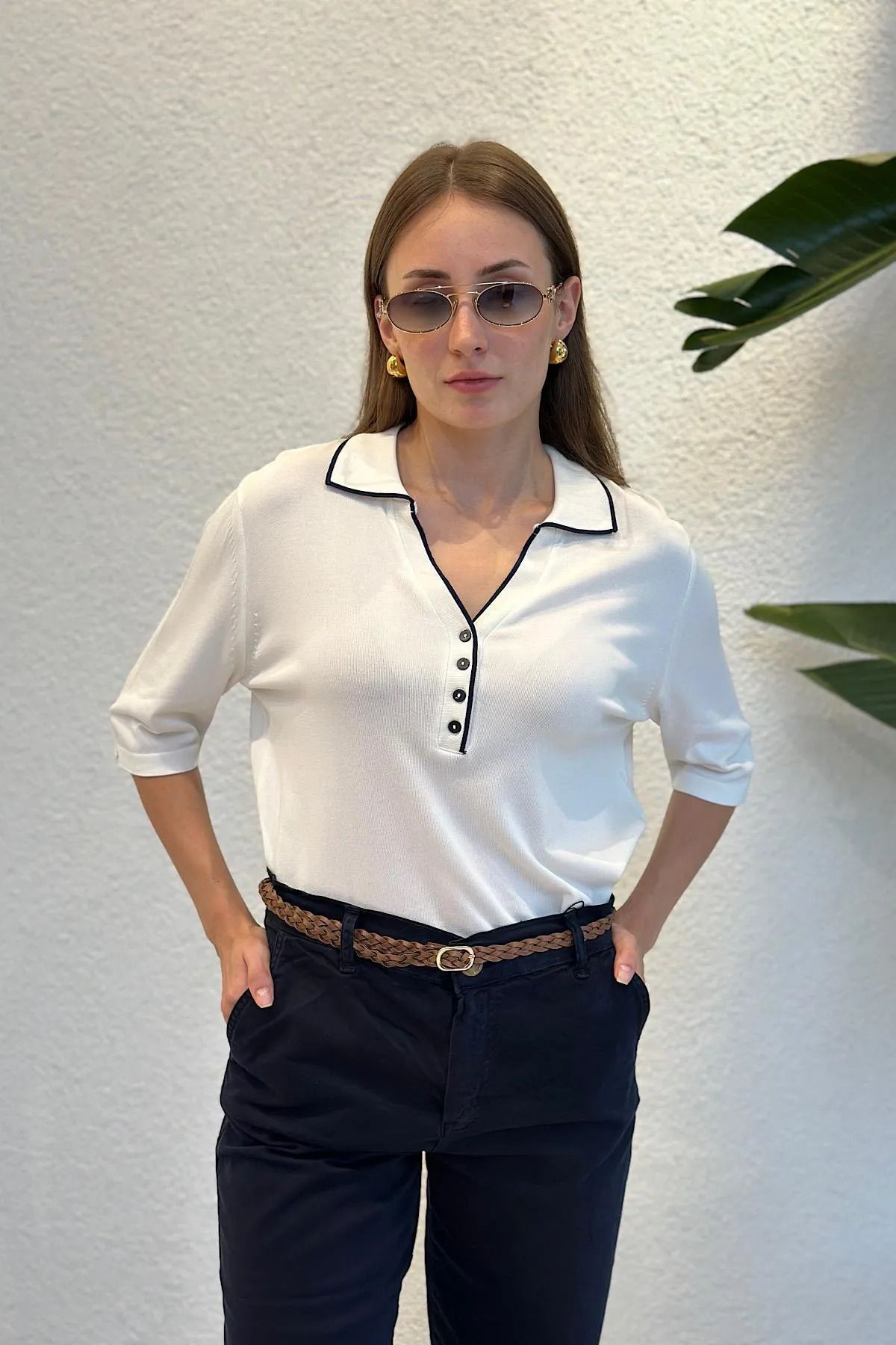 Damlabutiks Polo Yaka Düğmeli Merserize Triko Bluz