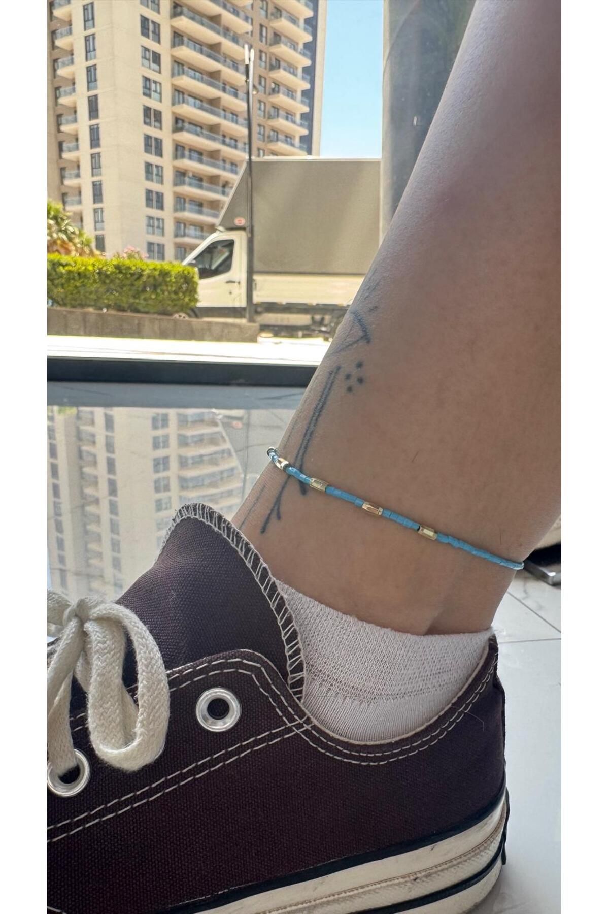 MODA Mavi Boncuklu 14k Çelik Halhal 27 cm
