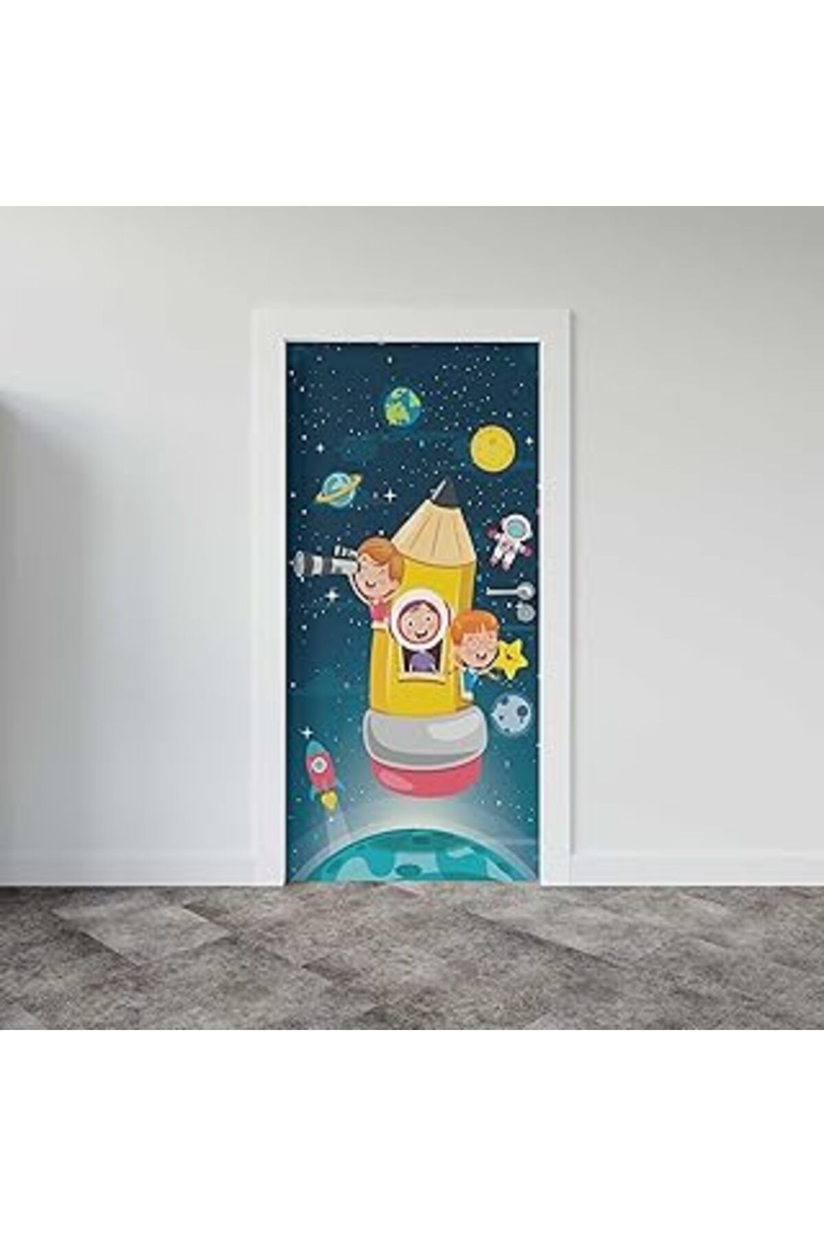 Mu Art Ahşap Kapı Giydirme Kapı Sticker Folyosu Uzay Çocuklar