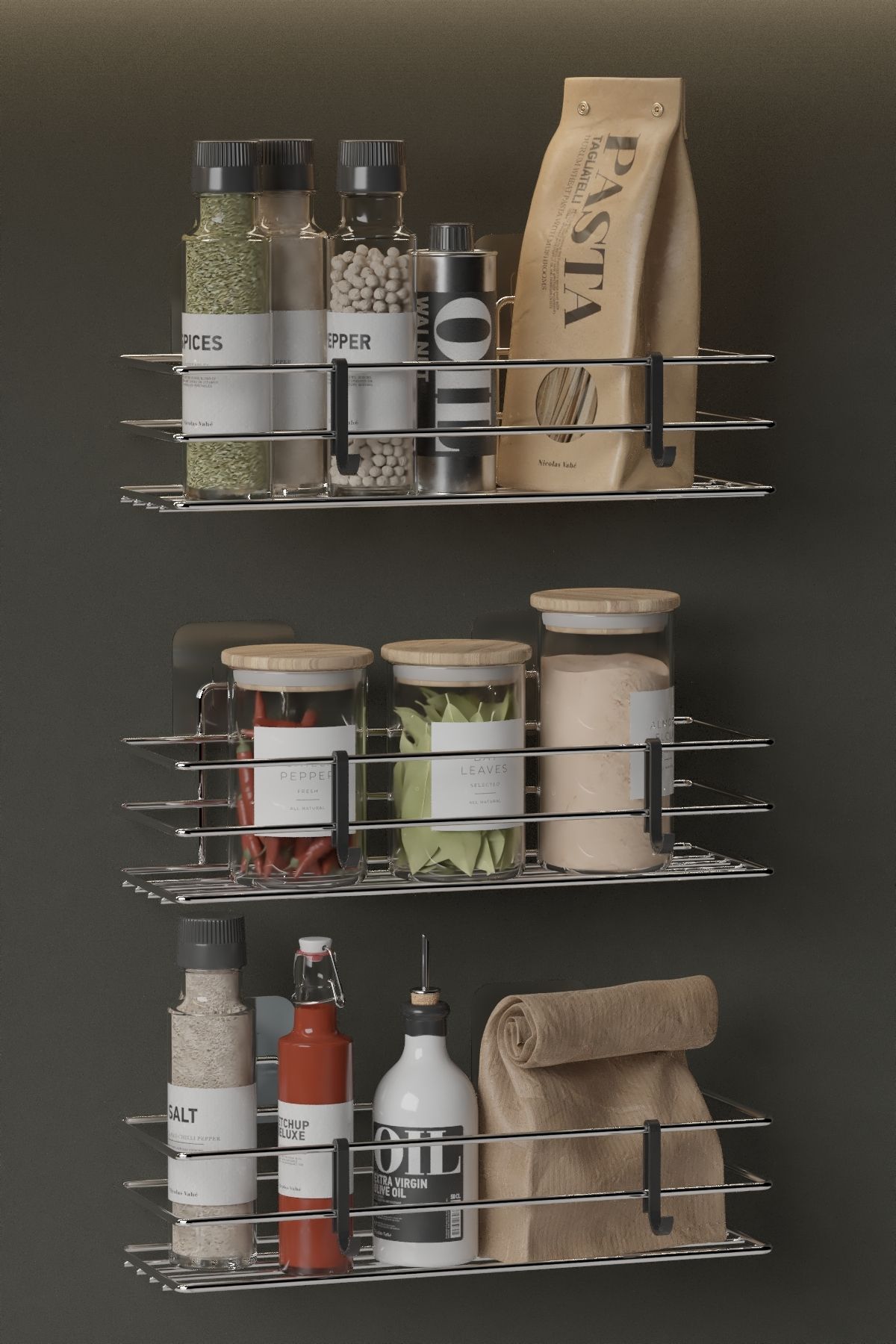 Hill Homes 3 lü Set Yapışkanlı Krom Gümüş Askılı Baharatlık Mutfak Rafı Tezgah Düzenleyici Organizer