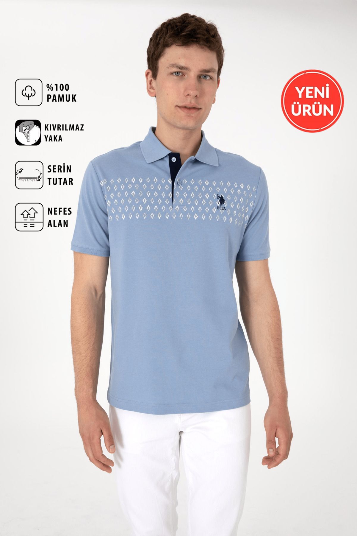 U.S. Polo Assn. Erkek Regular %100 Pamuk Fit Polo Yaka Mavi T-Shirt