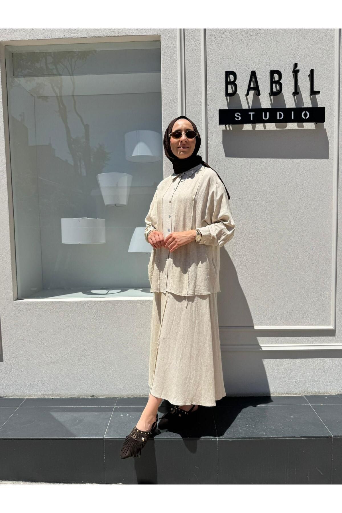 QOOQ STORE 25SS219 Çapraz Etekli Kadın Keten Takım Bej