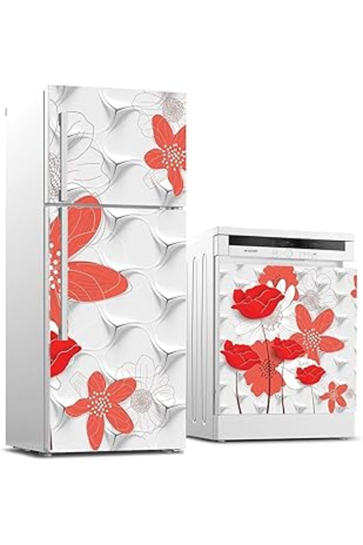 Mu Art Ahşap Buzdolabı Ve Bulaşık Makinası Beyaz Eşya Sticker Kaplama 3D Dekor Çiçek