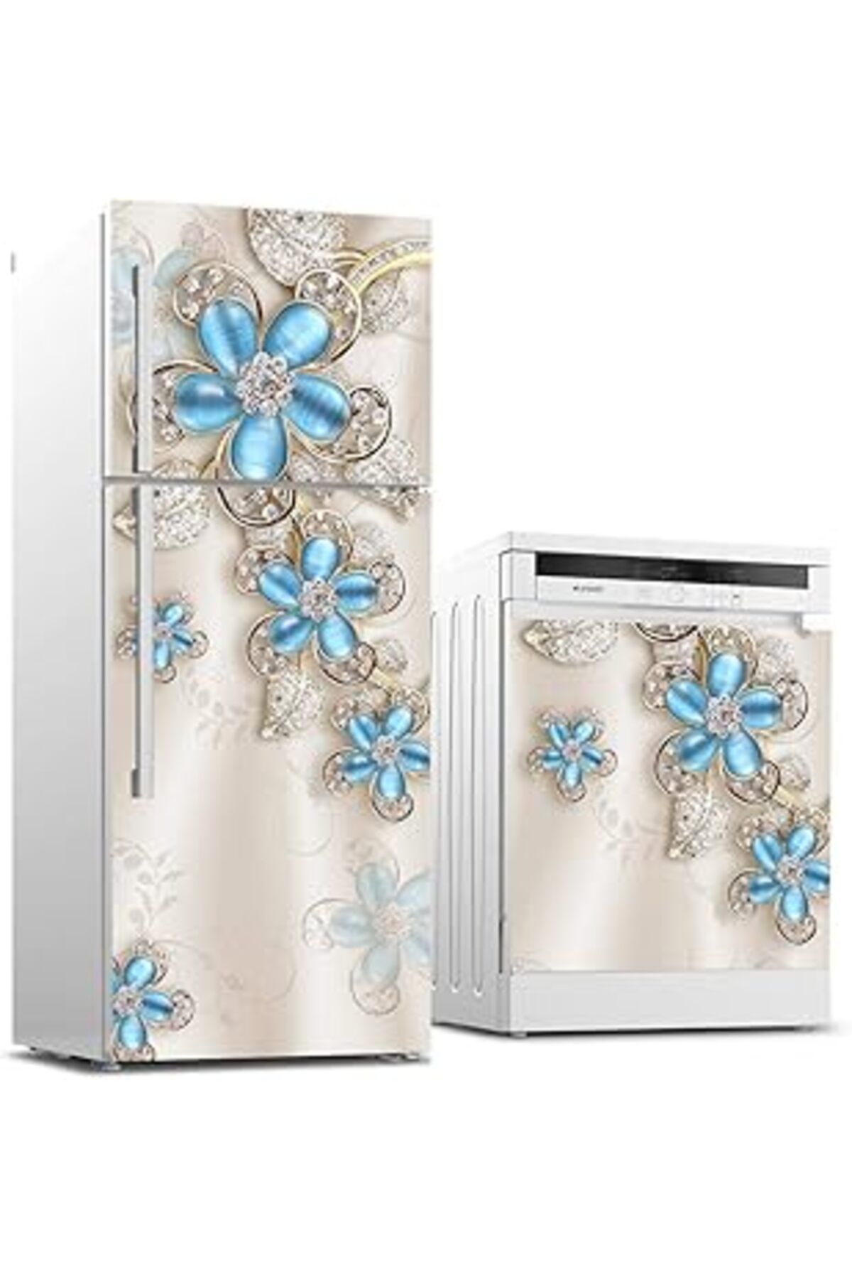 Mu Art Ahşap Buzdolabı Ve Bulaşık Makinası Beyaz Eşya Sticker Kaplama 3D Çiçek