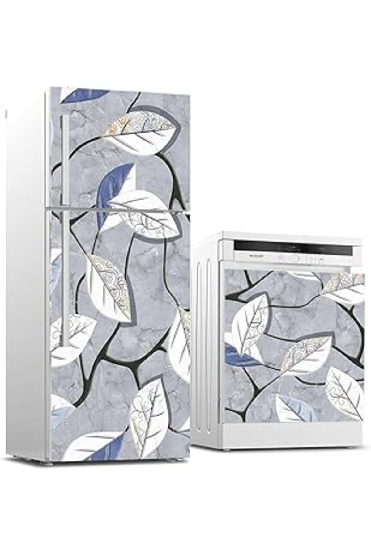 Mu Art Ahşap Buzdolabı Ve Bulaşık Makinası Beyaz Eşya Sticker Kaplama Duvar Renkli Yapraklar