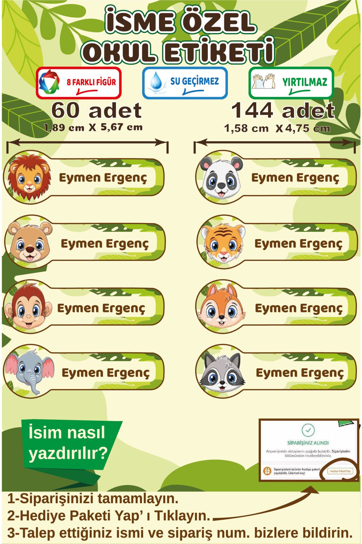Ayza Tasarım İsme Özel Su Geçirmez Hayvan Temalı Okul Etiketi Sticker Kişiye Özel Çocuk İsim Etiketi Kırtasiye