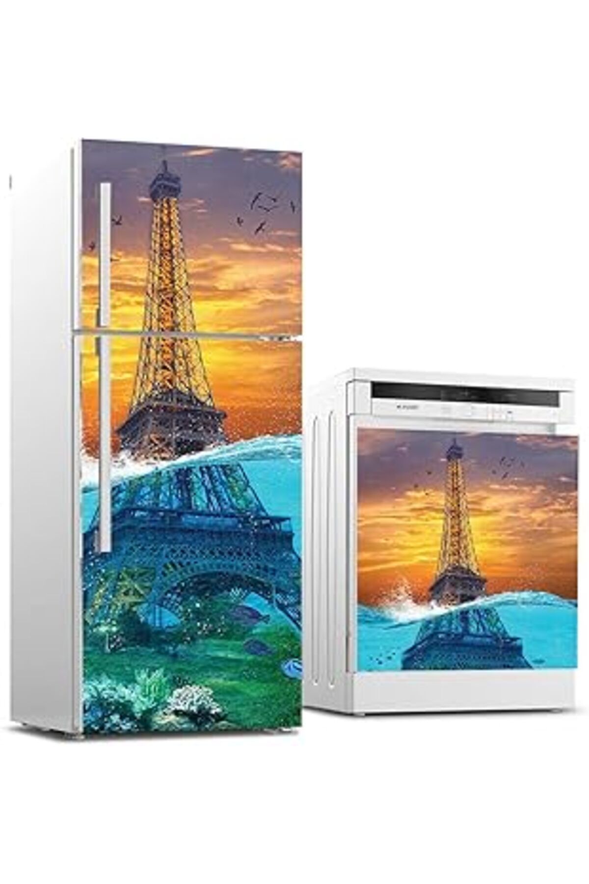 Mu Art Ahşap Buzdolabı Ve Bulaşık Makinası Beyaz Eşya Sticker Kaplama Batık Eyfel