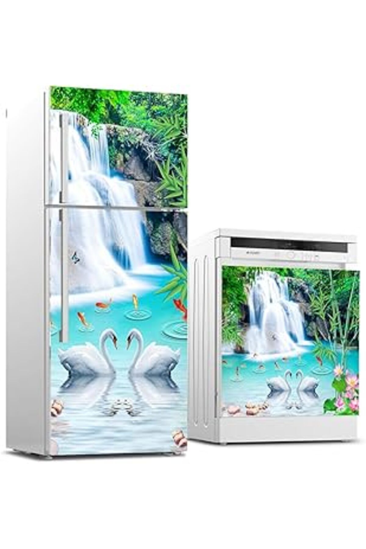 Mu Art Ahşap Buzdolabı Ve Bulaşık Makinası Beyaz Eşya Sticker Kaplama 3D Doğal Şelale