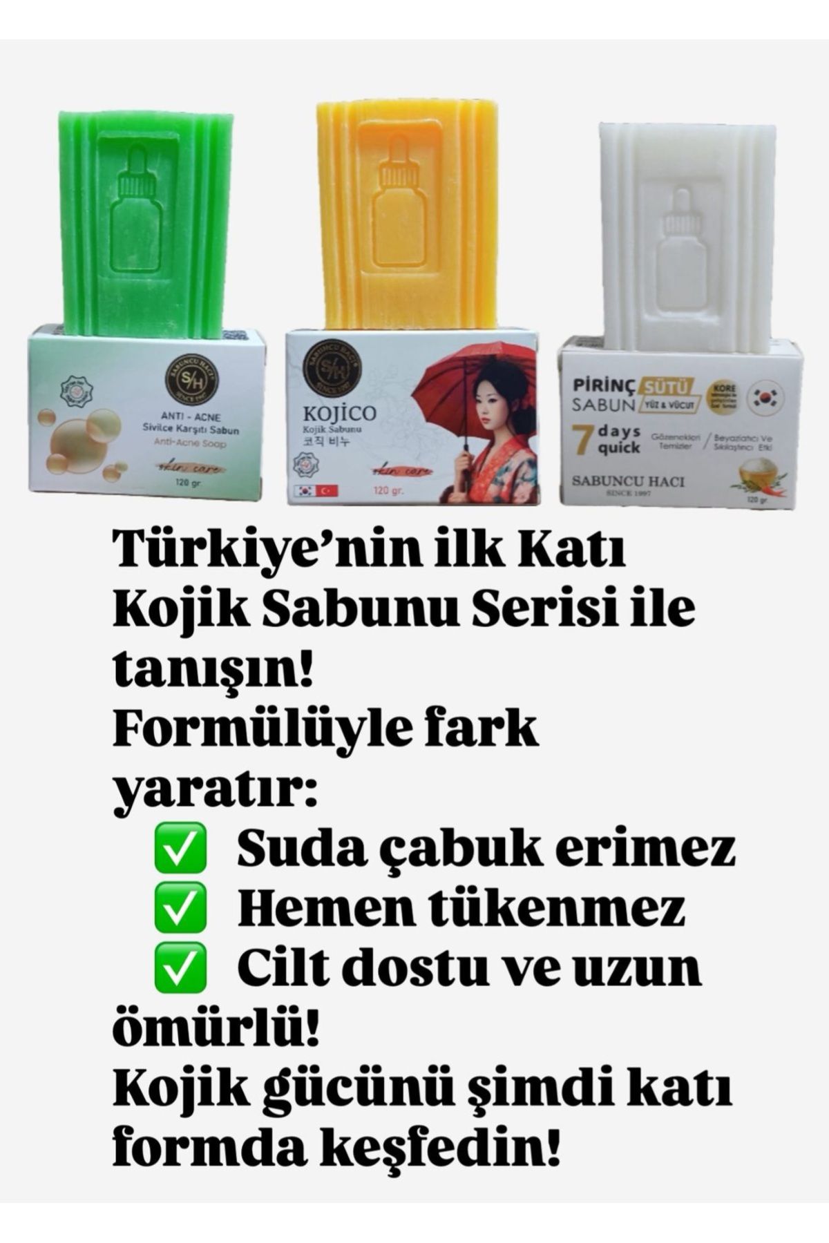 Sabuncu Hacı Acne sabunu 3x acne serum & pirinç sütü sabunu kojic asit sabunu zerdeçal ve kojik 3 adet