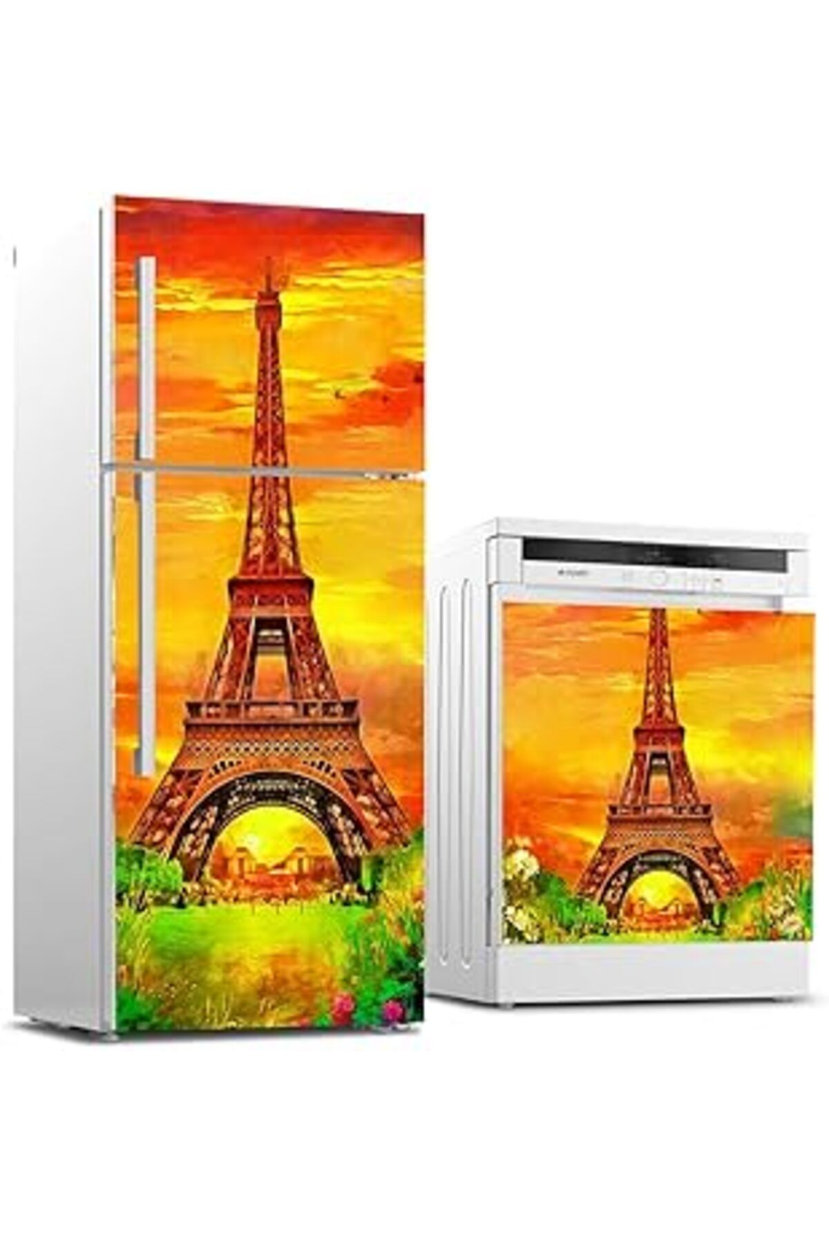 Mu Art Ahşap Buzdolabı Ve Bulaşık Makinası Beyaz Eşya Sticker Kaplama Eyfel Yağlıboya