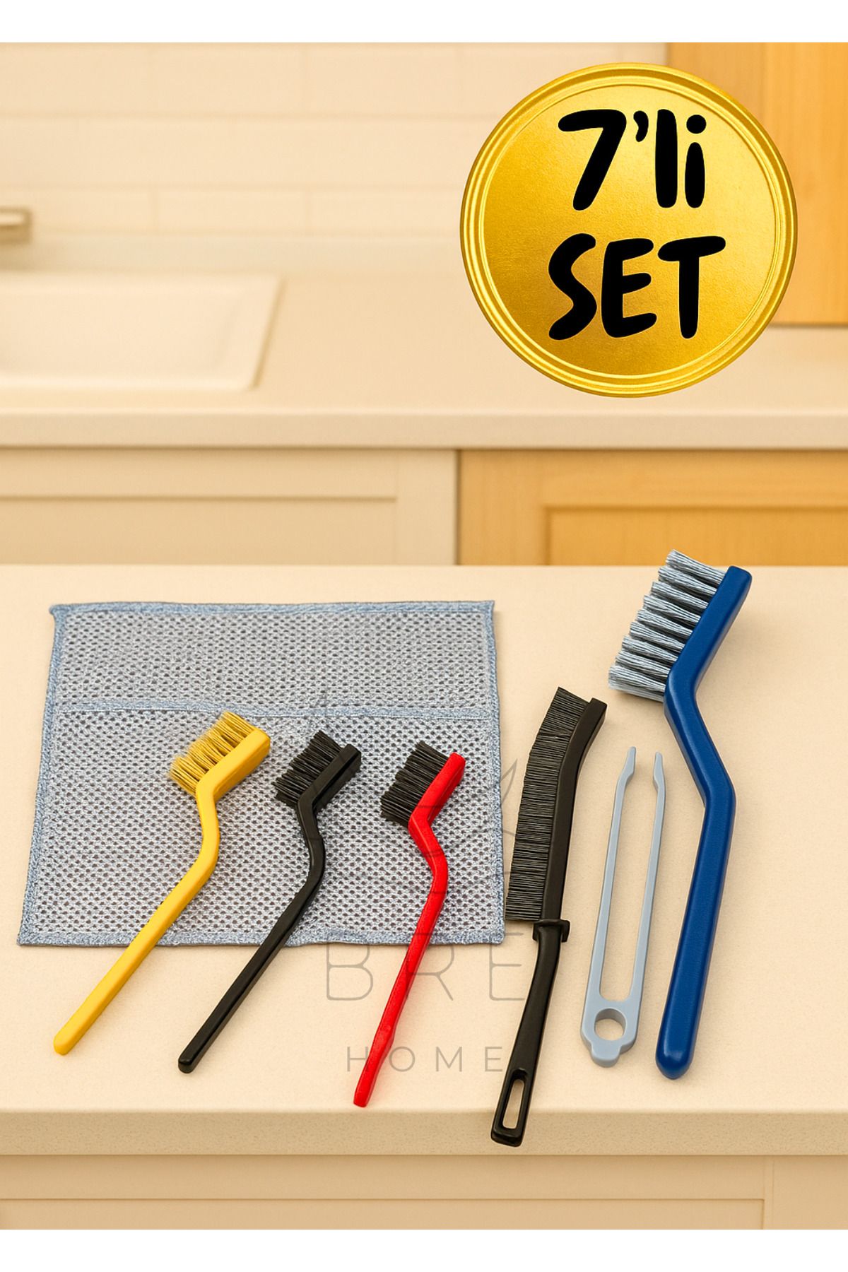BRE HOME 7'li Temizlik Fırça Seti - Tel Fırçalar + Derz Klavye Fırçası + Uzun Saplı Fırça + İnox Bulaşık Bezi