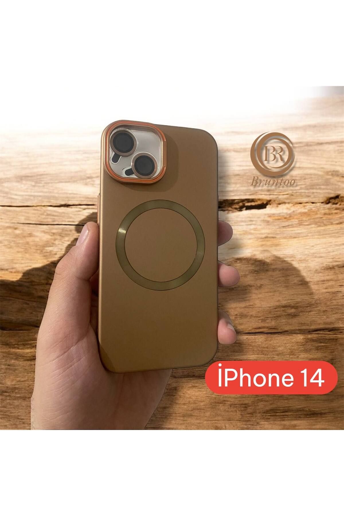 Bruntoo BR Apple İphone 14 Uyumlu Magnezyum Serisi Standlı Kapak Magsafe Sert Kılıf + Kamera Lens Koruma .