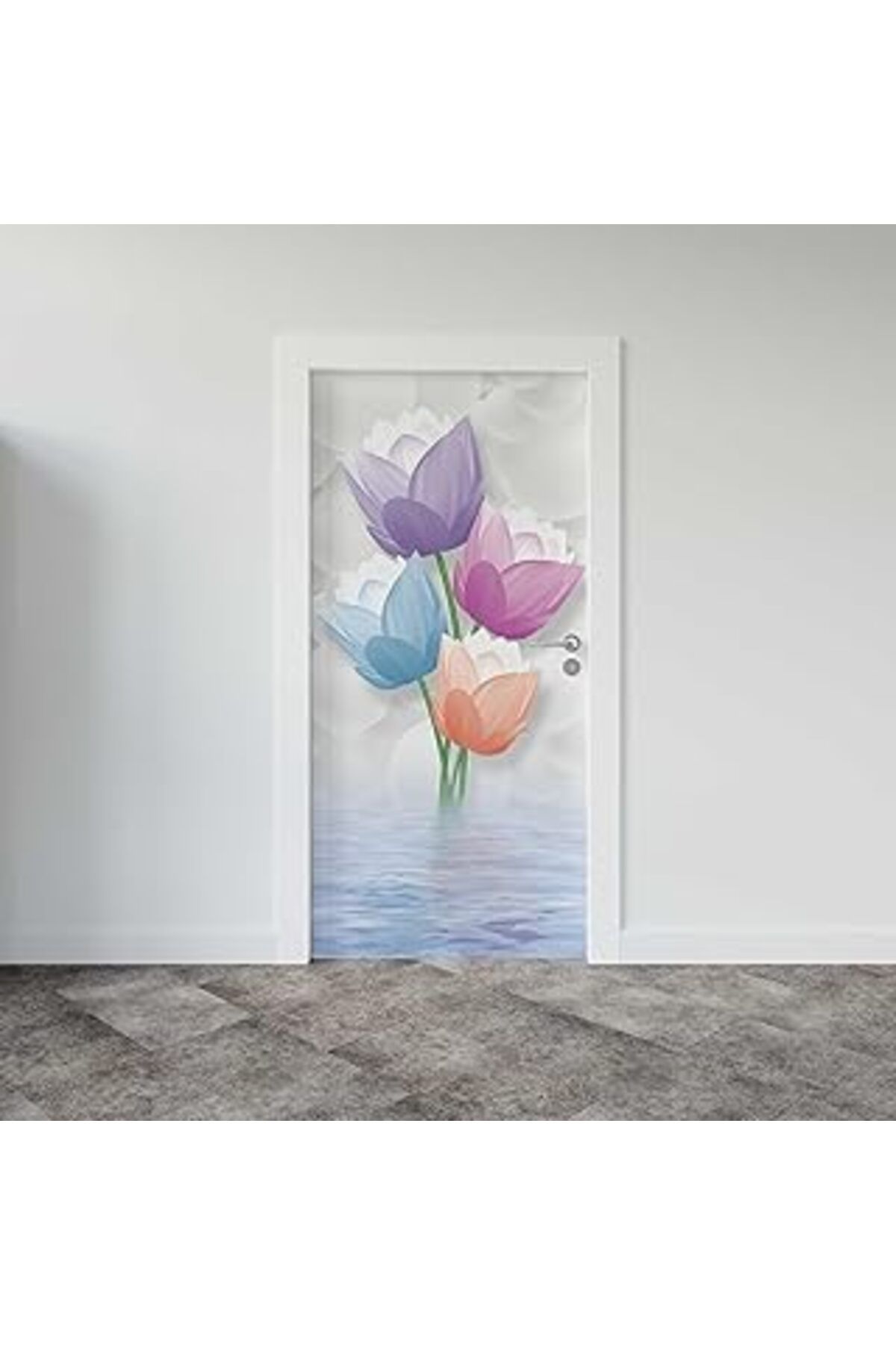 Mu Art Ahşap Kapı Giydirme Kapı Sticker Folyosu 3D Renkli Çiçekler