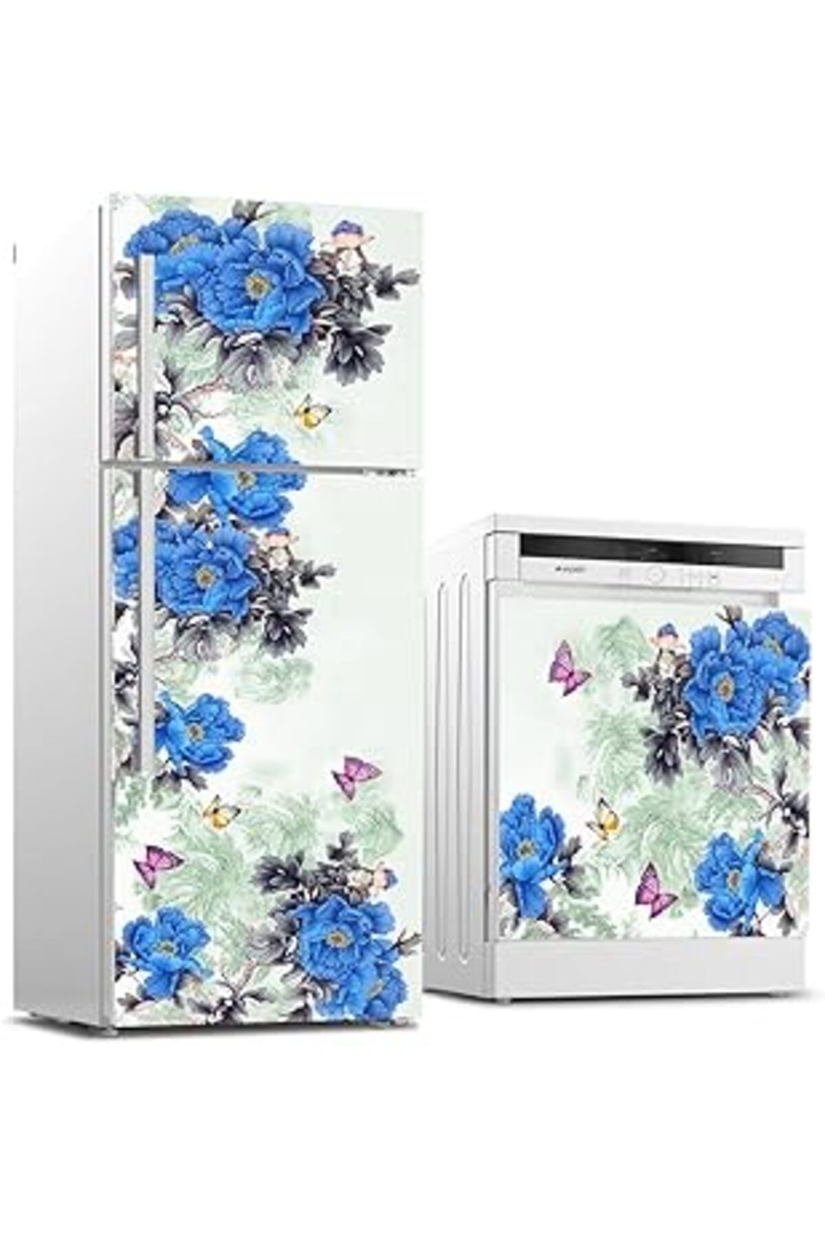 Mu Art Ahşap Buzdolabı Ve Bulaşık Makinası Beyaz Eşya Sticker Kaplama Mor Çiçekler