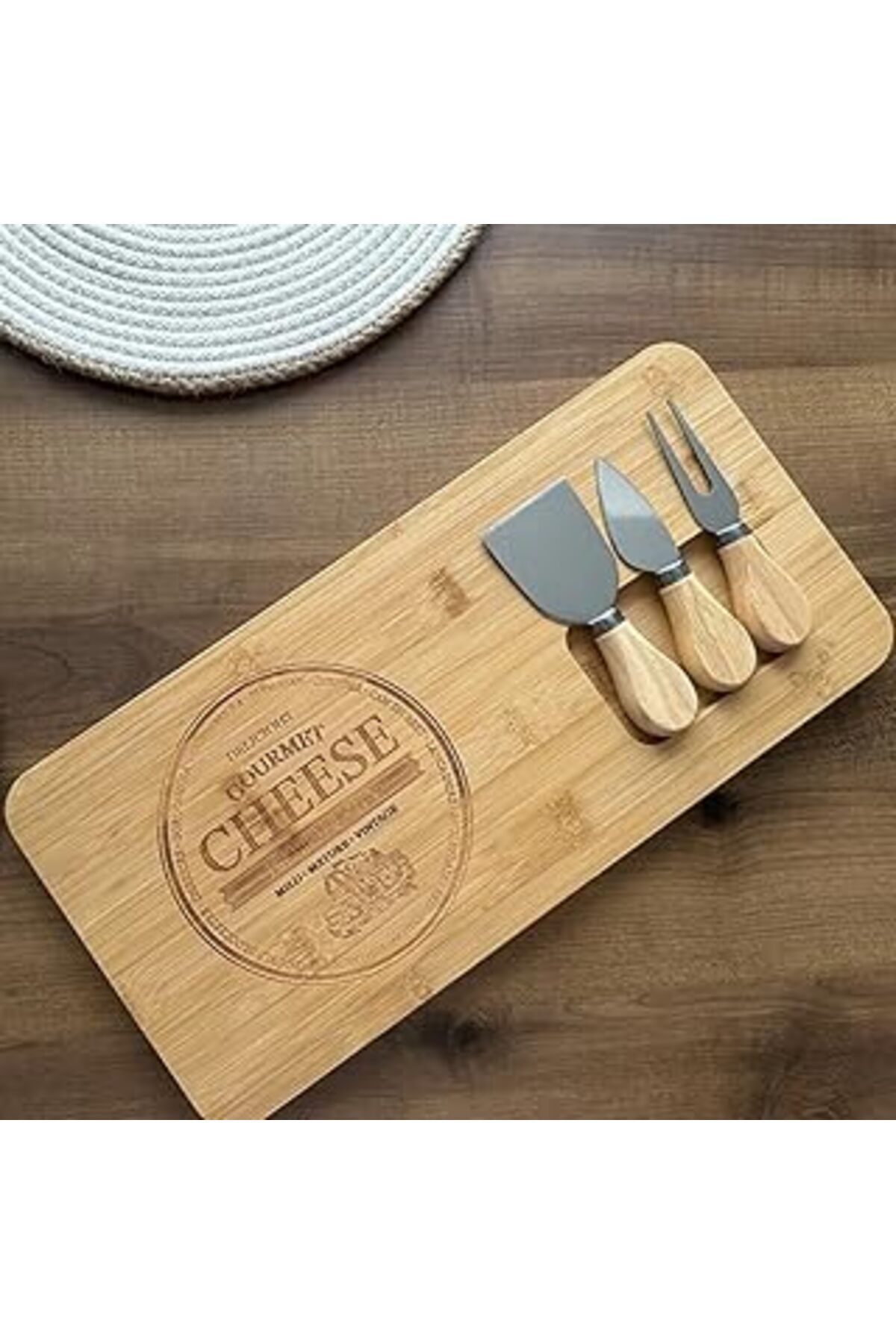 Mu Art Ahşap Peynir Sunum Tabağı, 3 Parça Peynir Bıçağı Ve Çatalı Seti, Toplam 4 Parça, Doğal Ve Şık Peynir Taba
