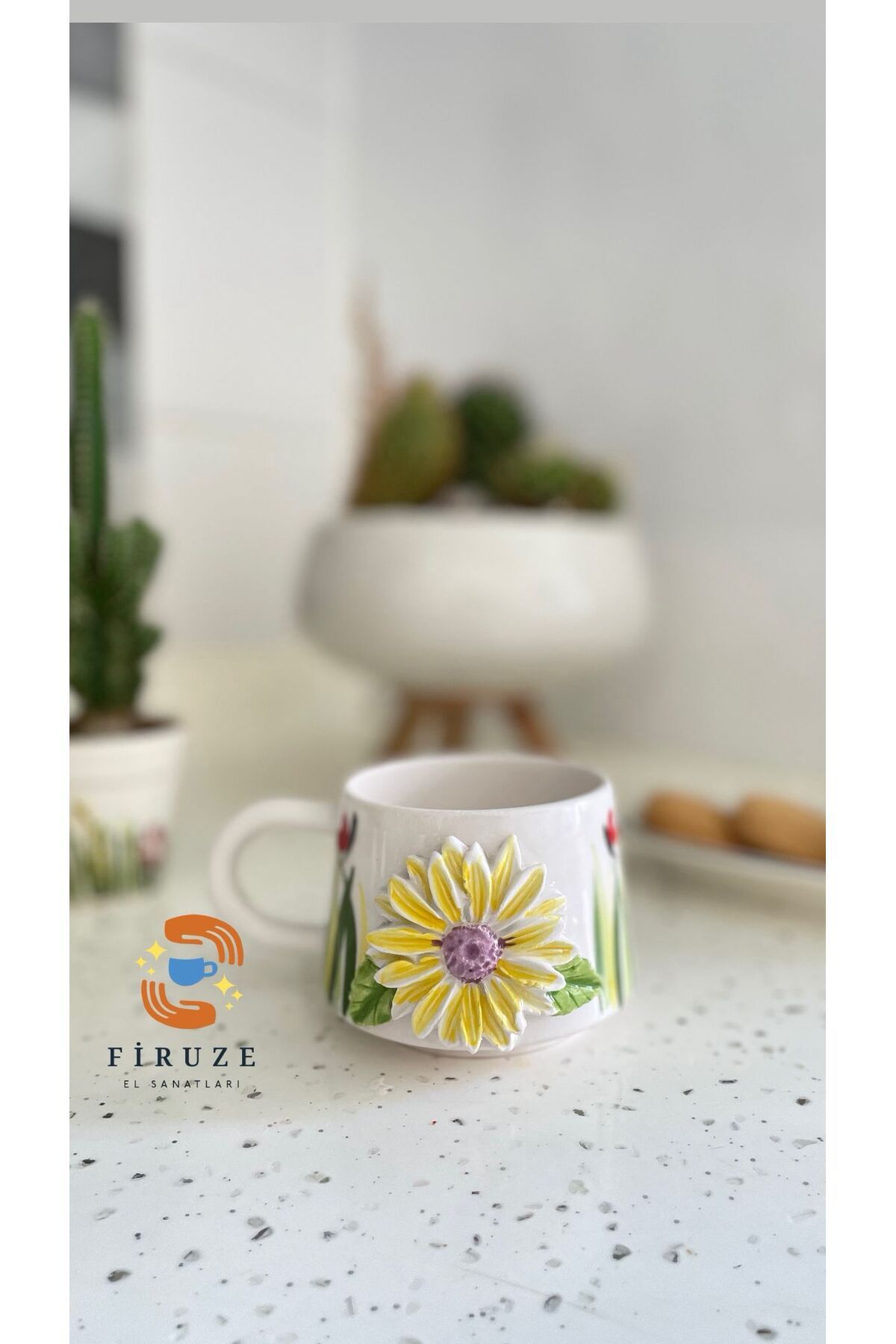 Firuze el sanatları 3D Çiçek Desenli El Dekoru Seramik Kupa