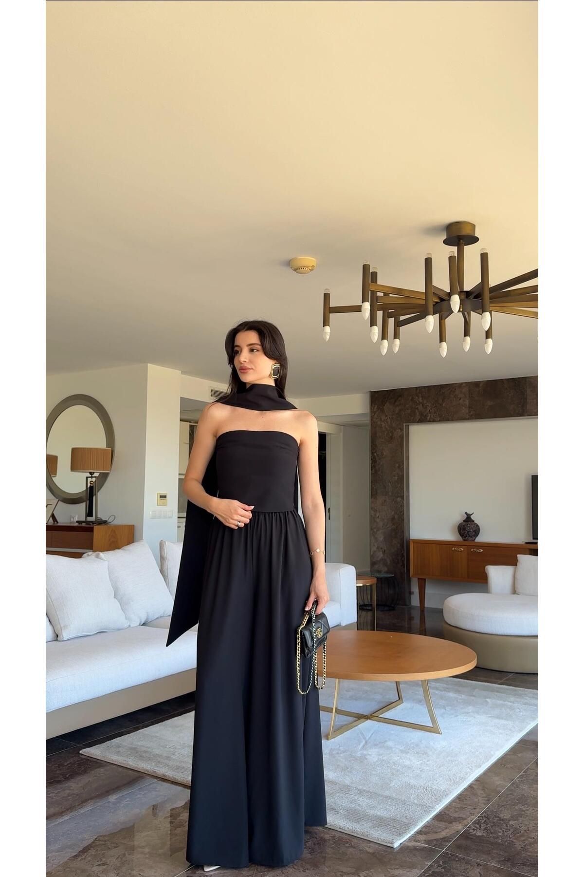 HAZELANNA Şal Detaylı Straplez Siyah Takım