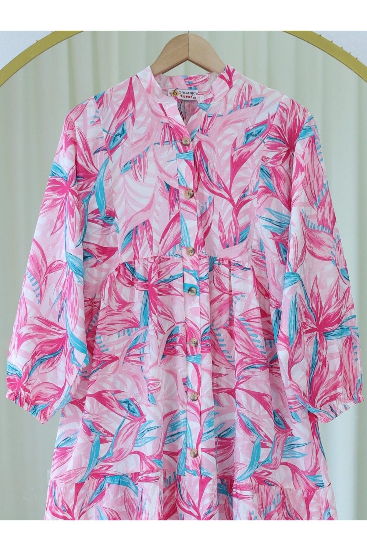 Modamorfo-Floral Patterned Half Button Dress with Split Sleeves and Elastic Waist - Plum 3
