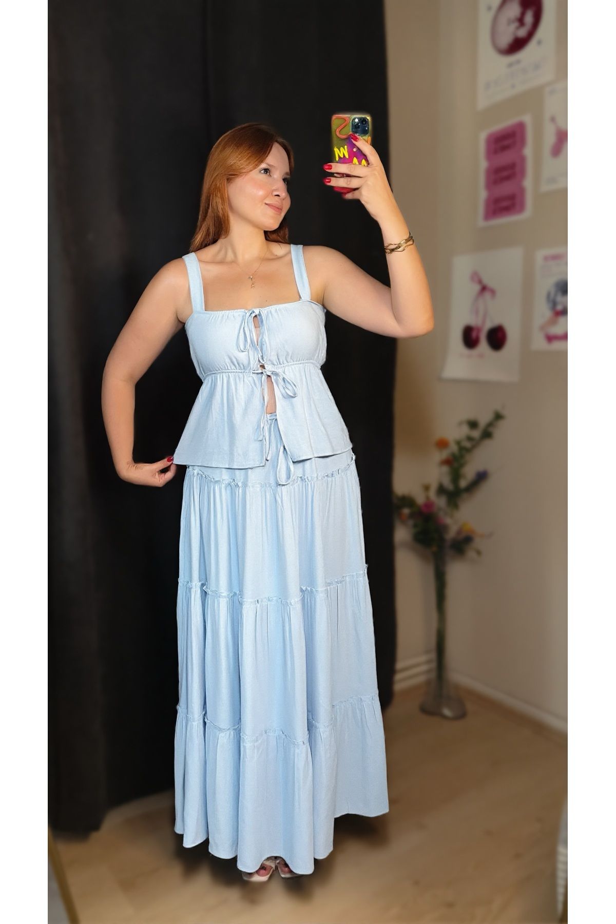 Tumtum Wear Bebe Mavisi Bağlama Detaylı Bluz Etek Takım